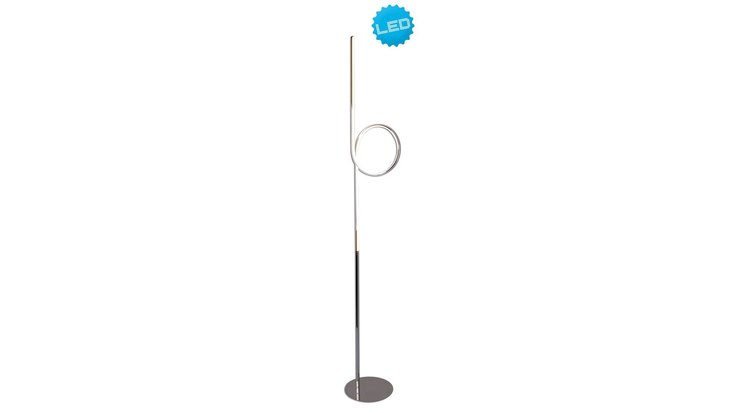 Stehlampe mit ringförmigem Leuchtelement in Chrom Schlanke Stehlampe mit rundem Fuß und ringförmigem Leuchtelement in chromfarben
