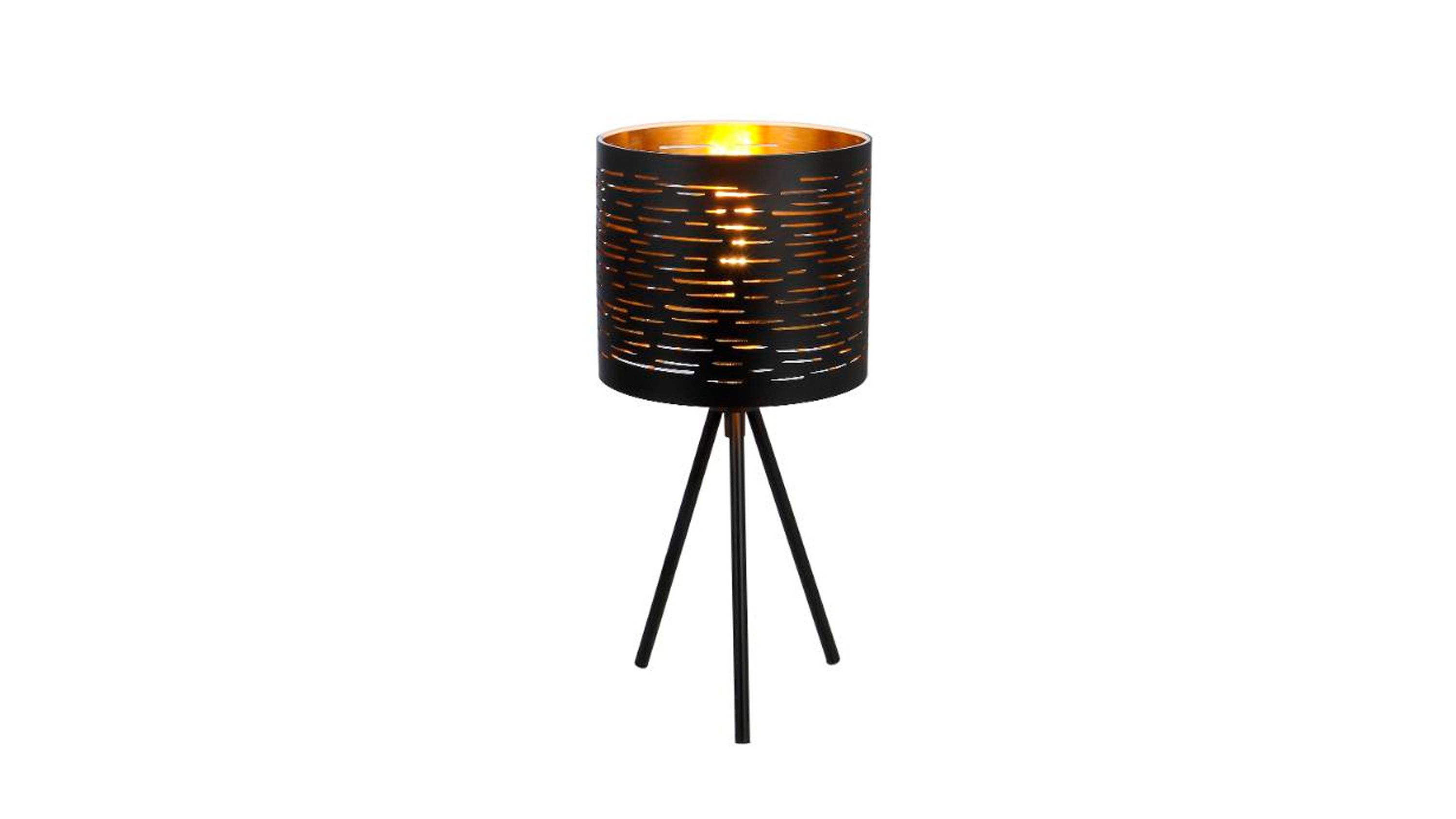 Schwarze Tischlampe mit zylindrischem Lampenschirm und dreibeinigem Ständer