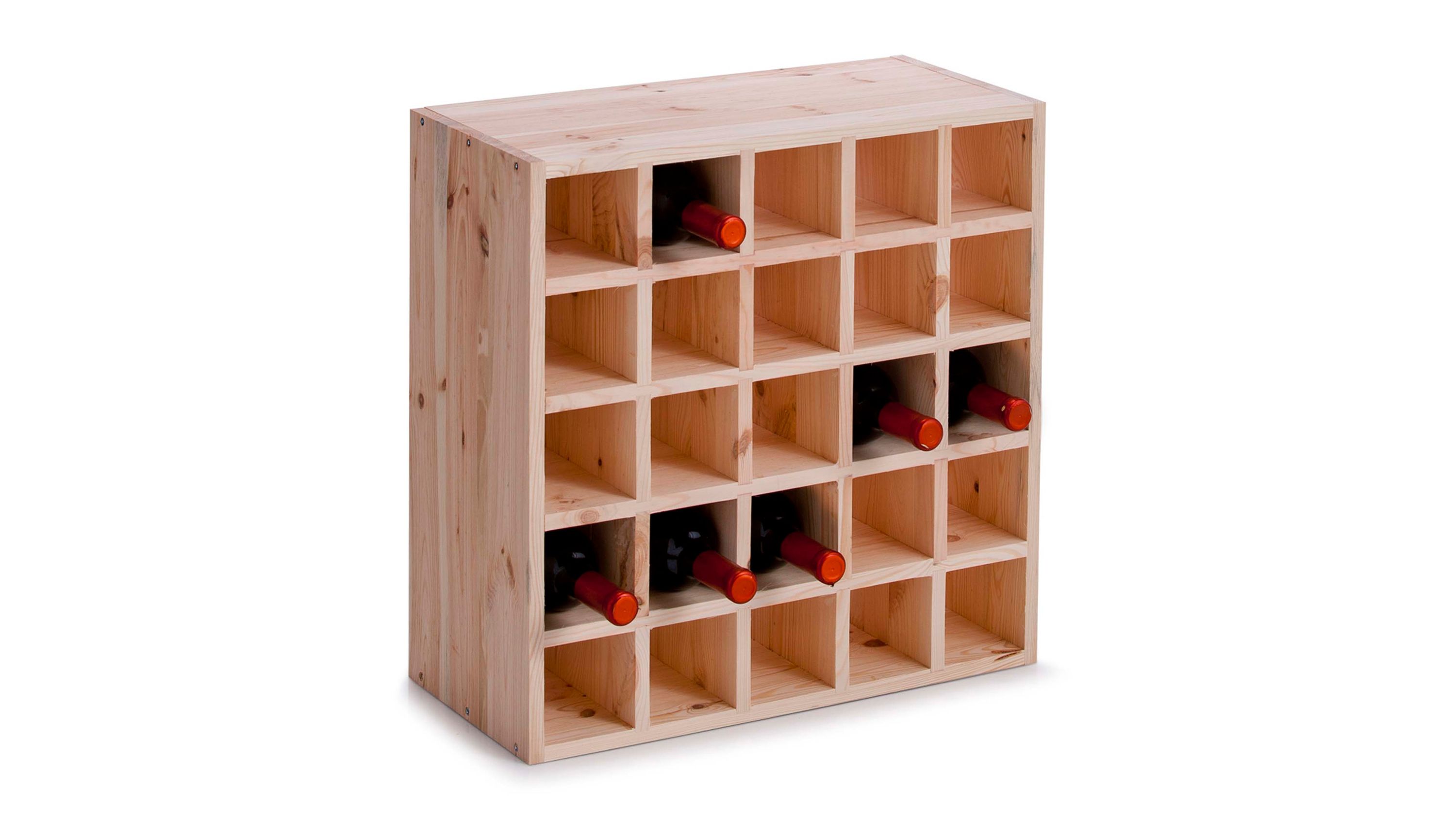 Holzregal mit quadratischen Fächern zur Weinlagerung naturfarbenes Holz mit roten Flaschenverschlüssen