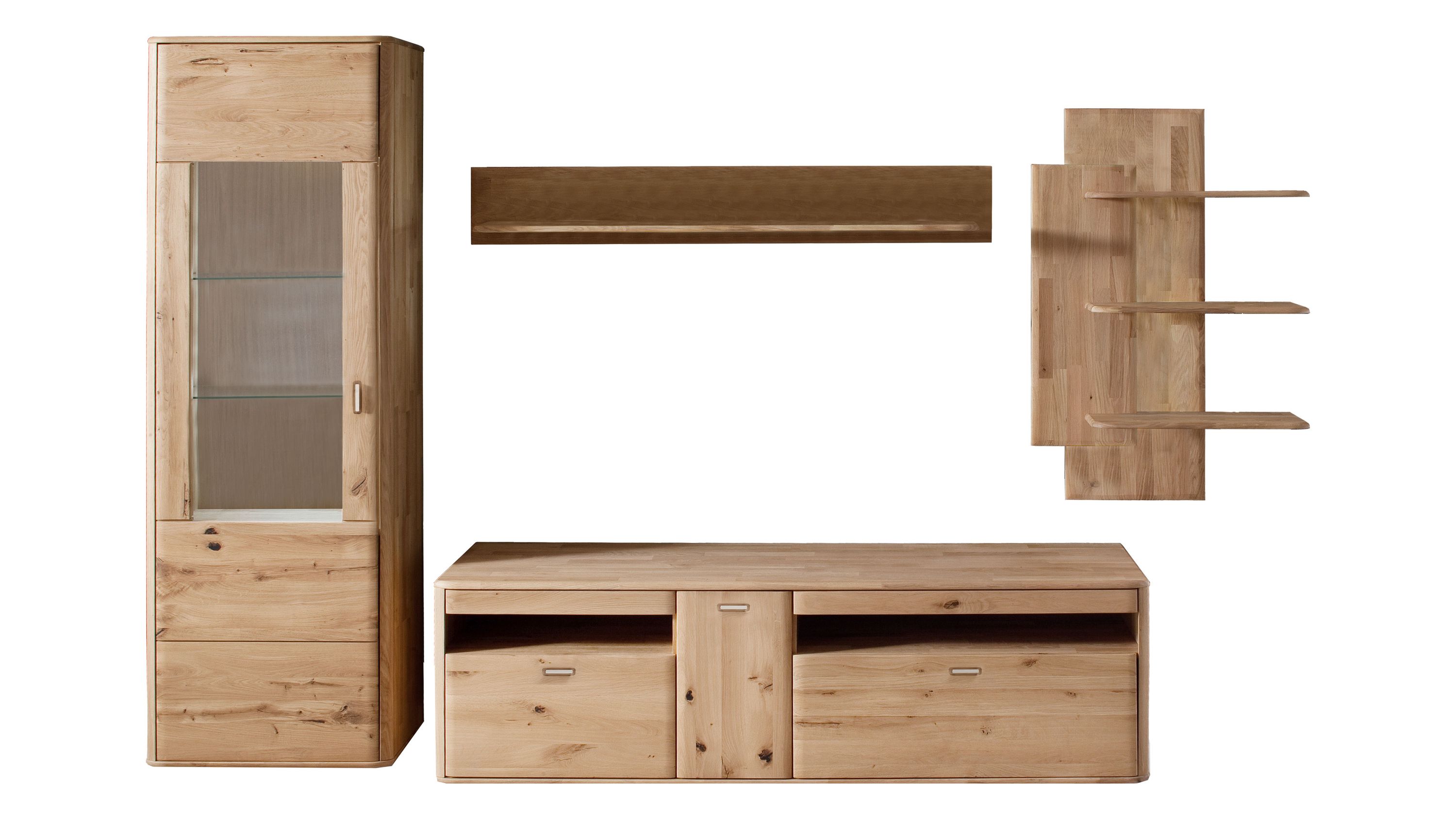 Vierteilige Wohnkombination aus biancofarbener Balkeneiche mit Vitrine TV-Board Wandregal und Wandpaneel mit Regalböden