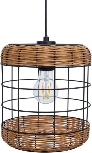 Design-Pendelleuchte aus Rattan mit Metallakzenten Kuppelförmige Pendelleuchte aus braunem Rattangeflecht mit schwarzen Metallakzenten schräg inszeniert