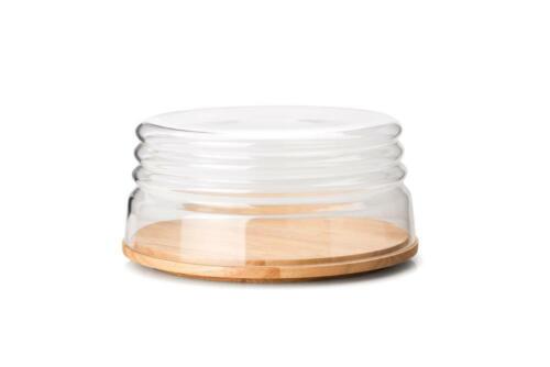 Leere Käseglocke mit Holzplatte und rundem Deckel aus Glas