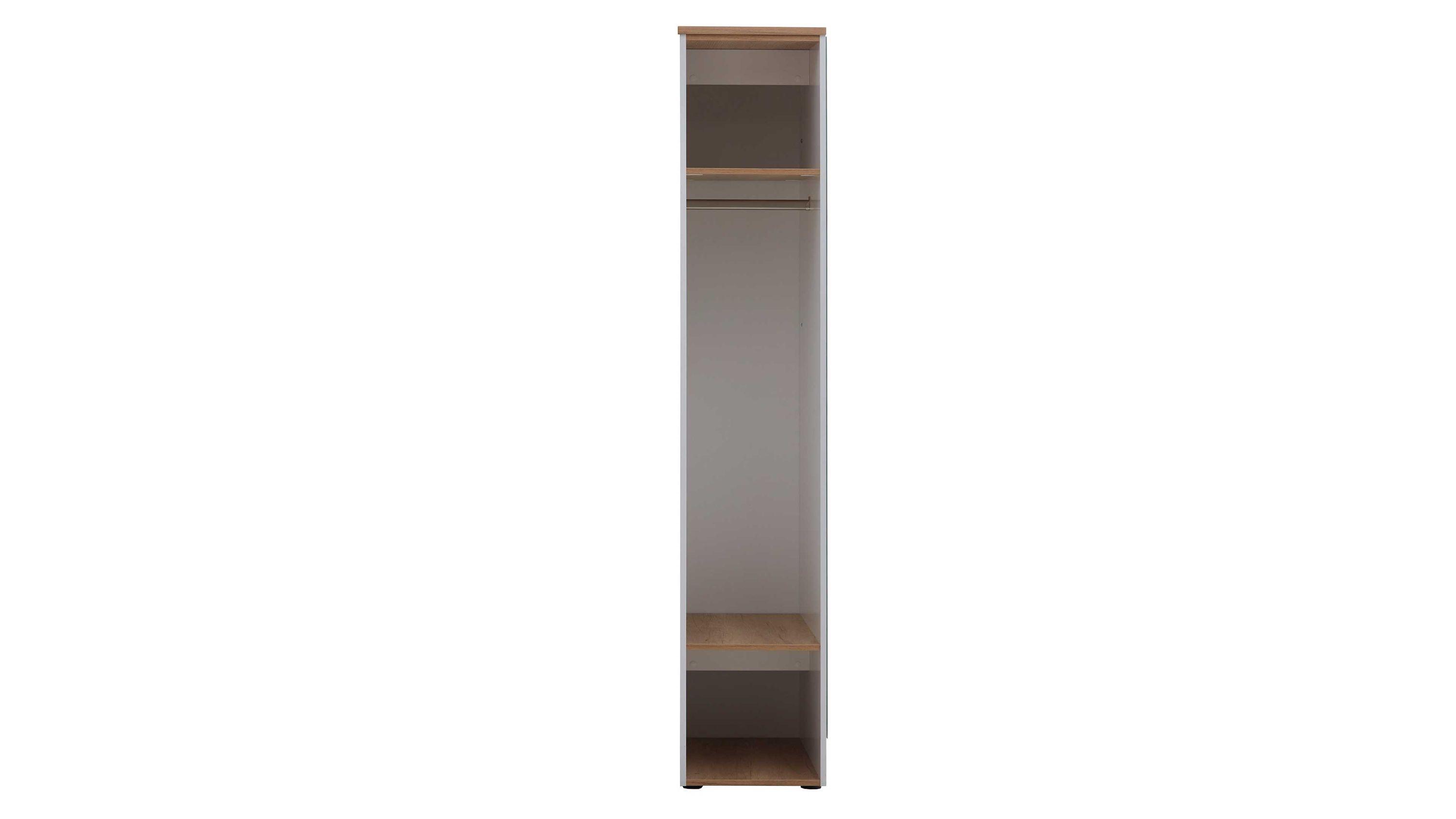 Schmale Garderobe in Weiß und Holzfarben mit Kleiderstange Schmale Garderobe mit offener Aufteilung in weiß und holzfarben mit Kleiderstange und Ablagen