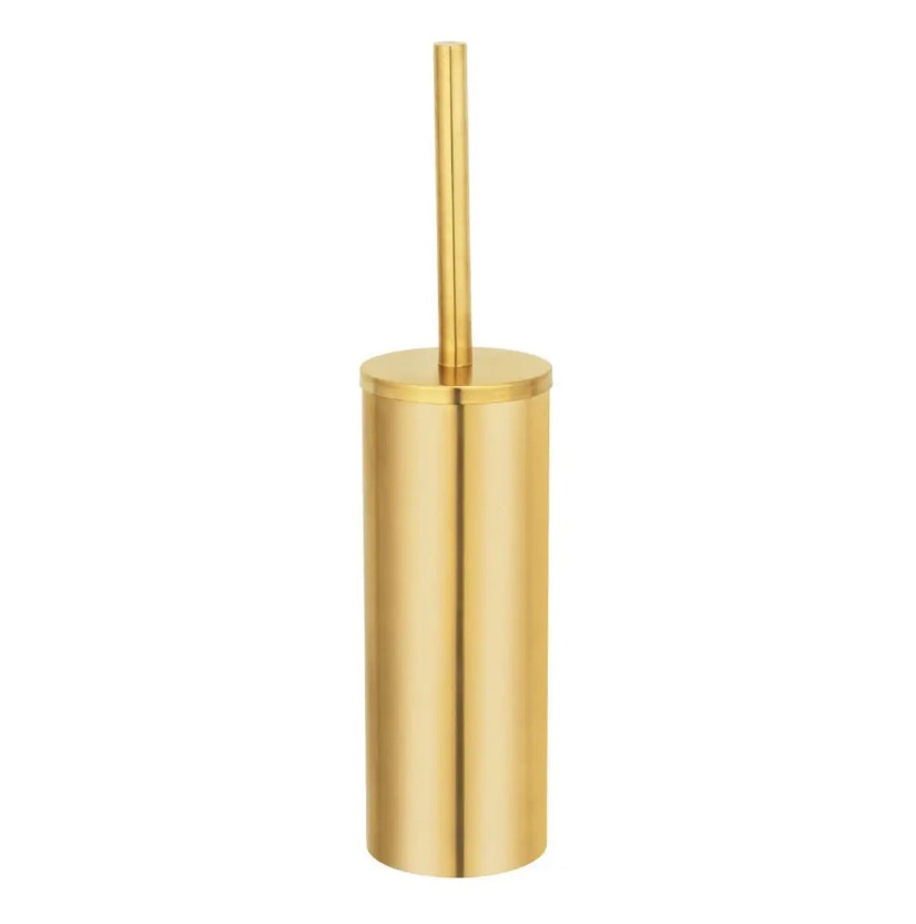 WC-Garnitur in Mattgold Leicht schräge leicht erhöhte Aufnahme einer WC-Garnitur aus matt-goldenem Edelstahl goldfarbener Bürstengriff