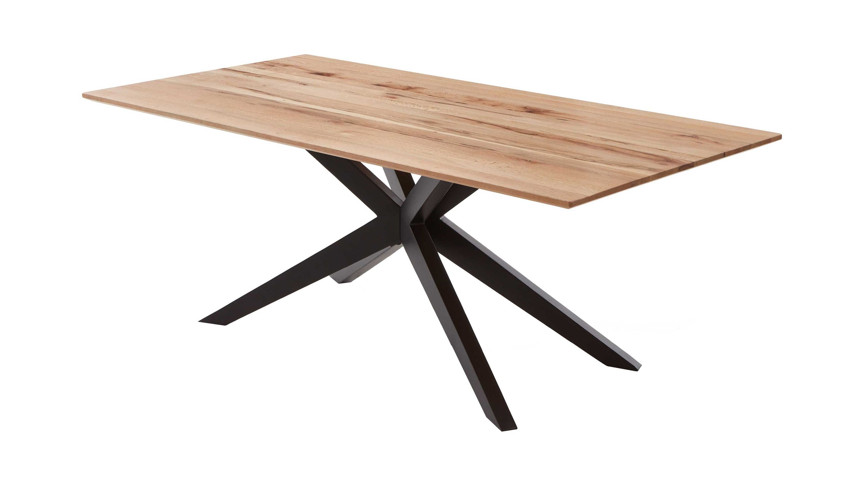 Esstisch mit Holzplatte und schwarzem Metallgestell Rechteckiger Esstisch mit hellem Holzplatte und schwarzem sternförmigem Gestell