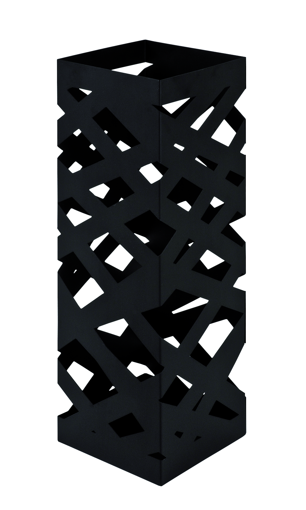 Schwarzer Schirmständer aus Metall mit geometrischem Muster Schwarzer rechteckiger Schirmständer mit geometrischem Muster aus Metall