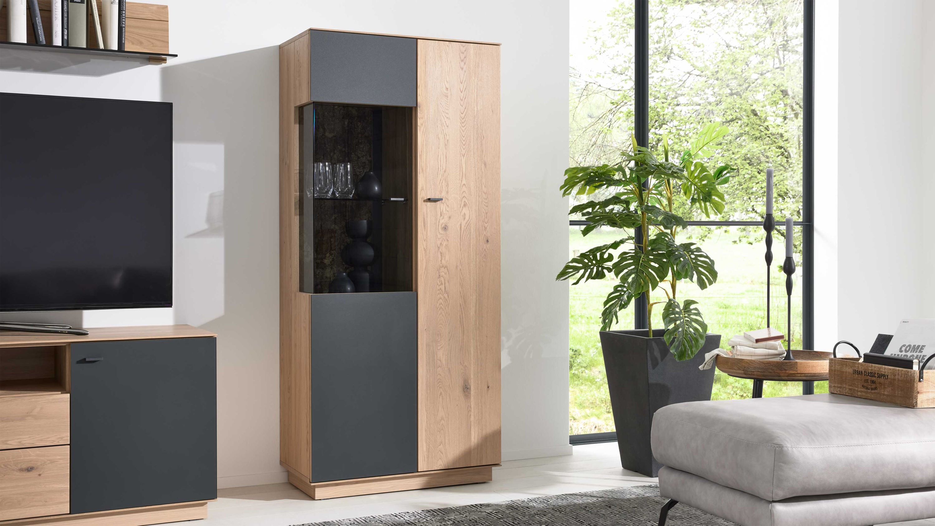 Interliving Wohnzimmer Serie 2025 - Vitrine 06 Wildeiche, Anthrazit & Kork - zwei Türen, Höhe ca. 167 cm