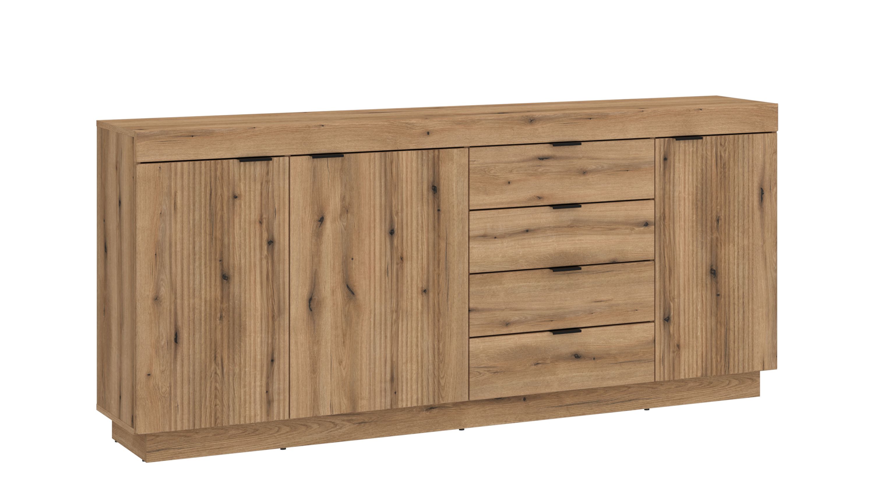 Sideboard mit Schubladen und Türen in Holzoptik Sideboard mit vier Schubladen und drei Türen in Holzoptik mit schwarzen Griffen