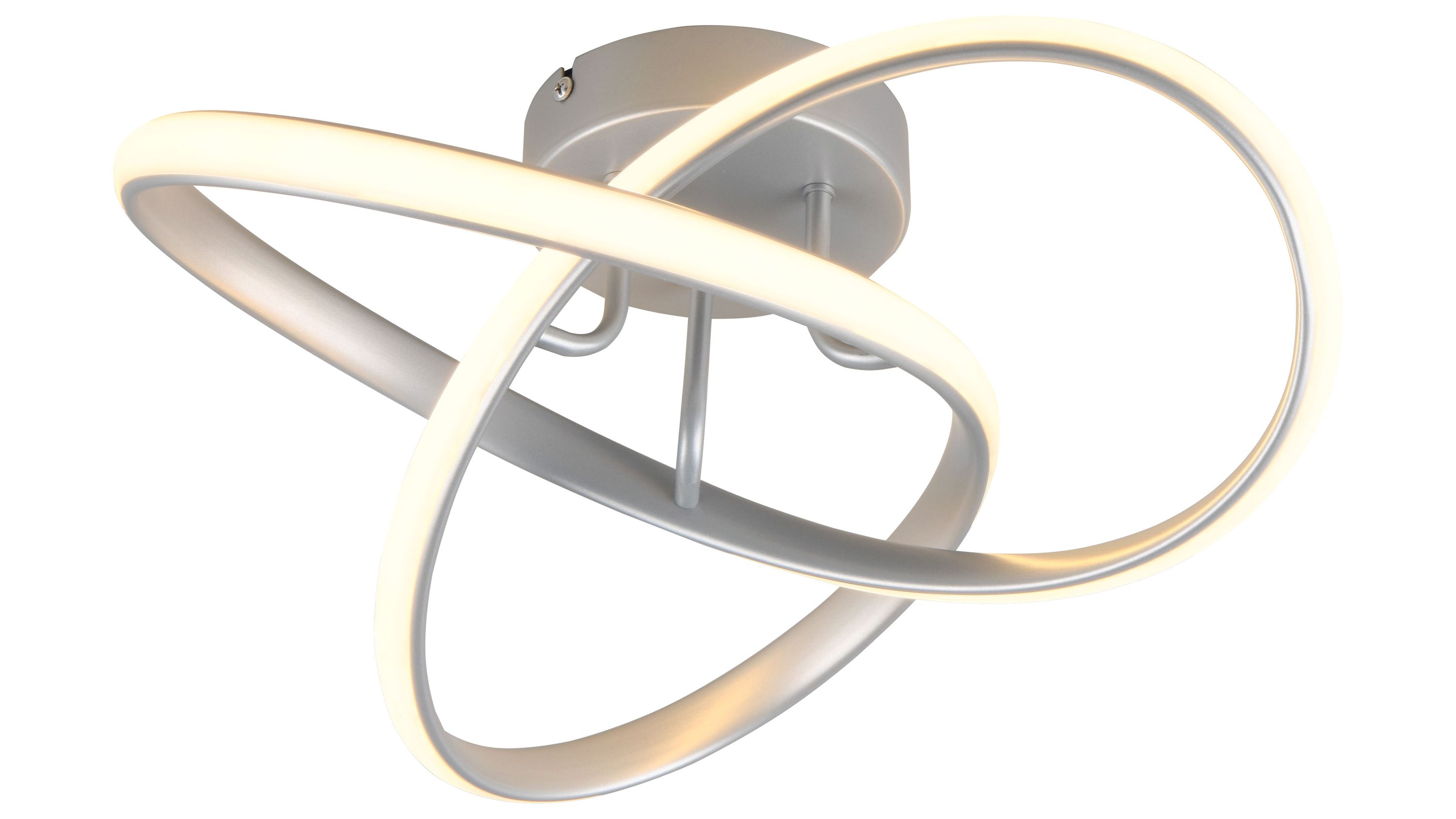 Deckenlampe mit drei titanfarbenen Ringen Deckenlampe mit drei titanfarbenen ineinander verschlungenen Ringen mit integrierter Beleuchtung