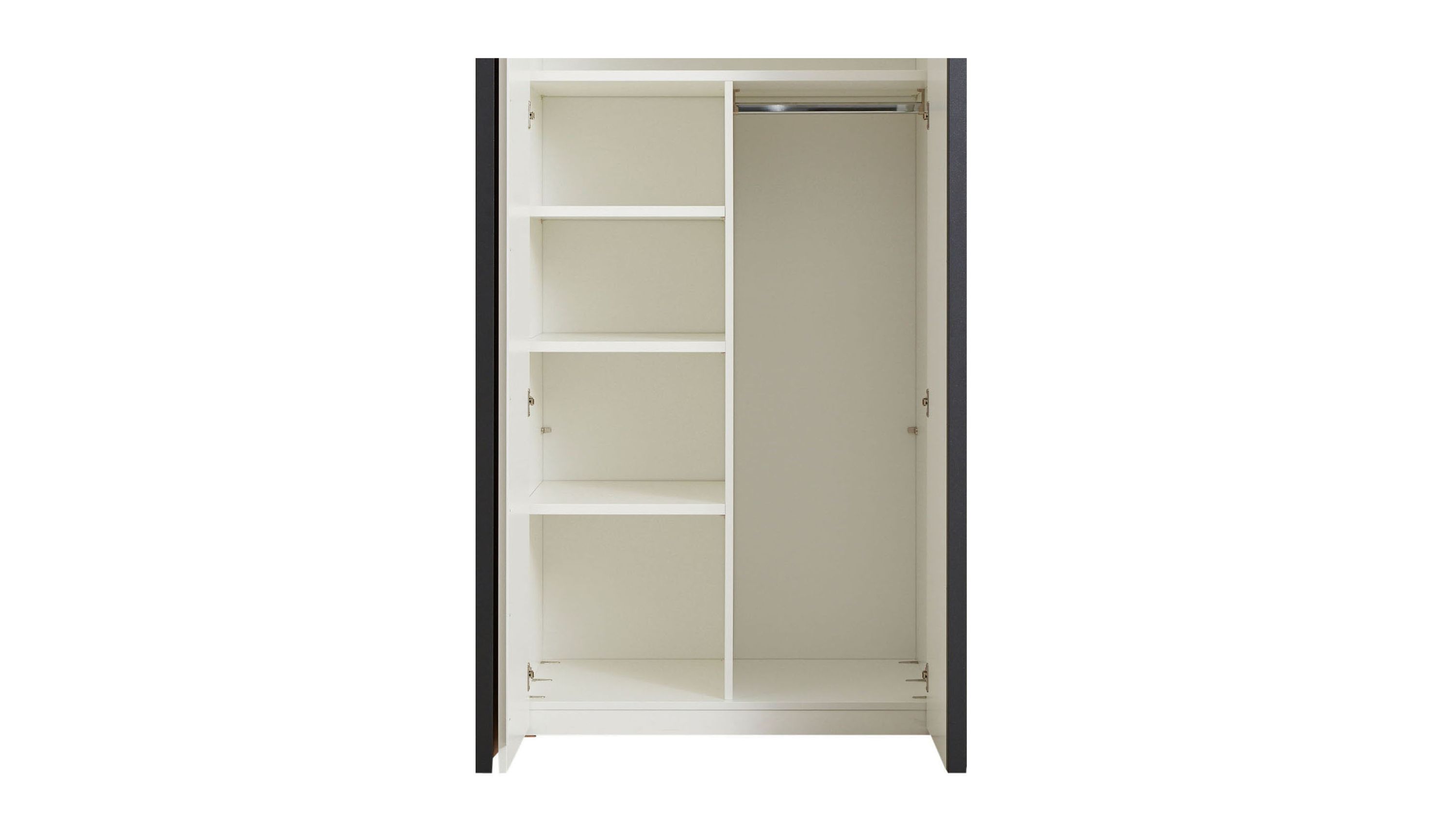 Kleiderschrank mit Regalböden und Kleiderstange in Weiß Weißer Kleiderschrank mit drei Regalböden links und einer Kleiderstange rechts