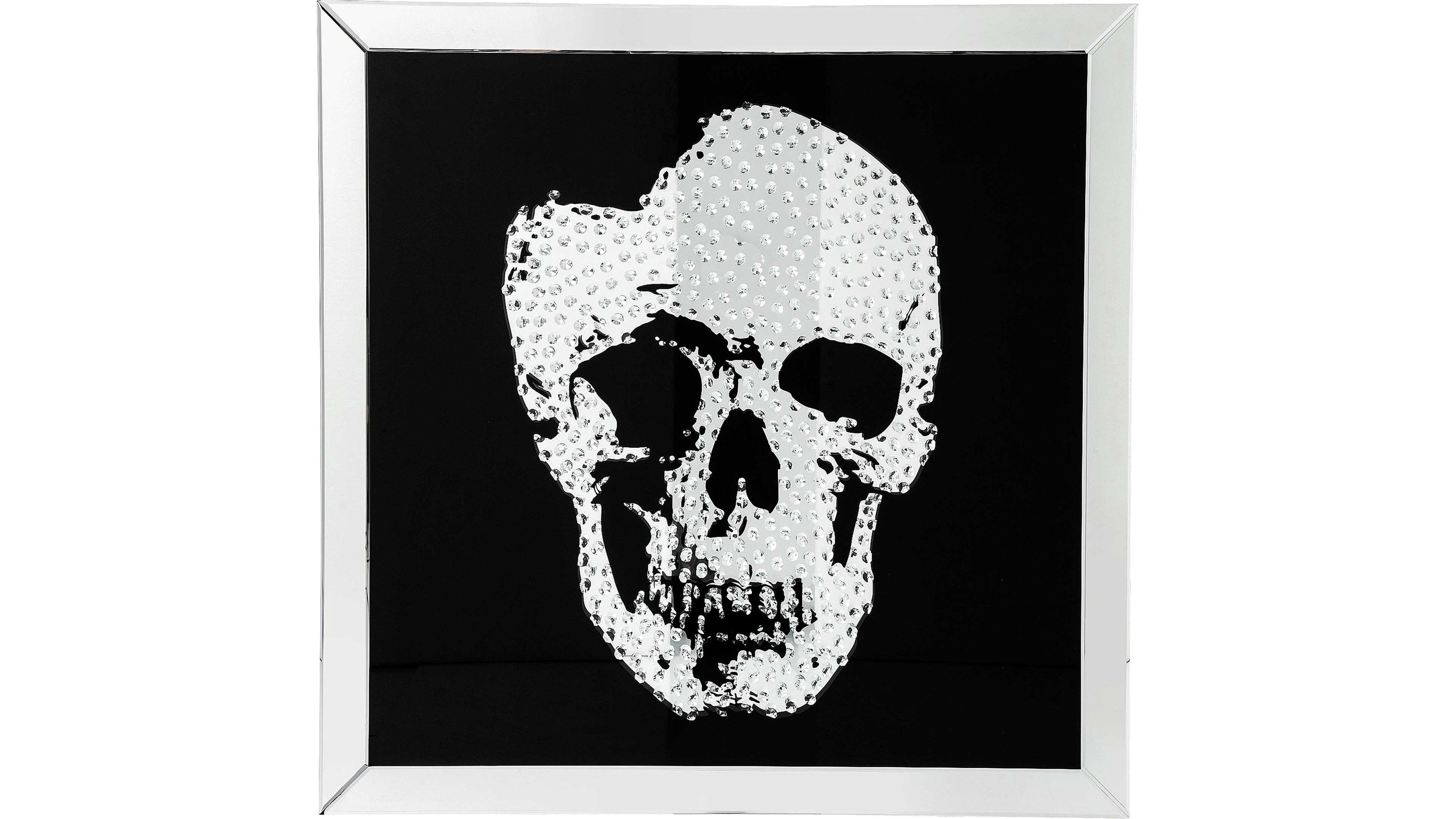 Quadratisches Wandbild mit silbernem Totenkopf aus Glaskristallen auf schwarzem Hintergrund