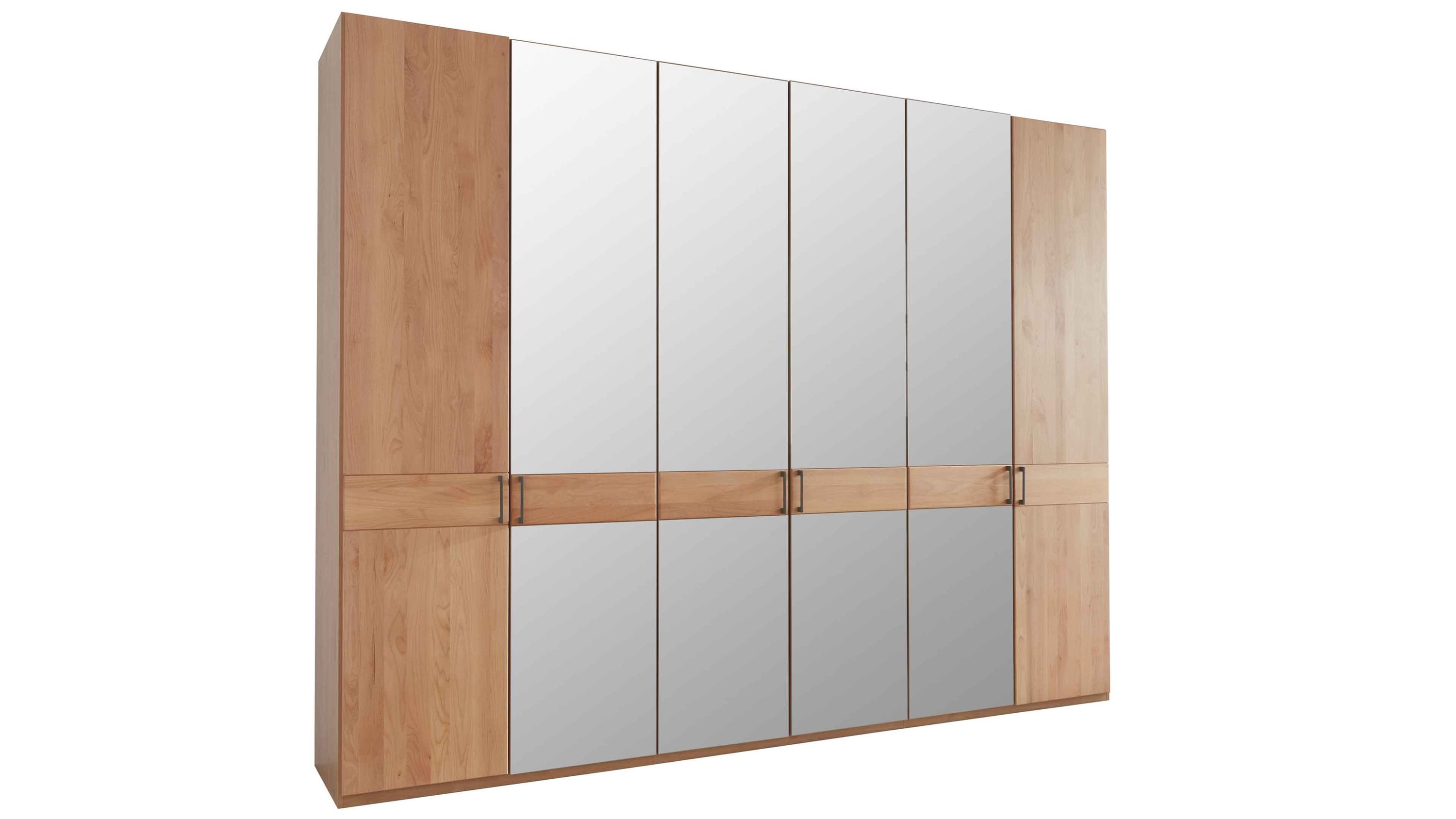 Sechstüriger Kleiderschrank mit teilmassiver Holzoptik und vier Spiegeltüren in der Mitte