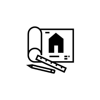 Architekturplan mit Haus-Skizze, Lineal und Bleistift als Symbol für Hausplanung und Bauzeichnung