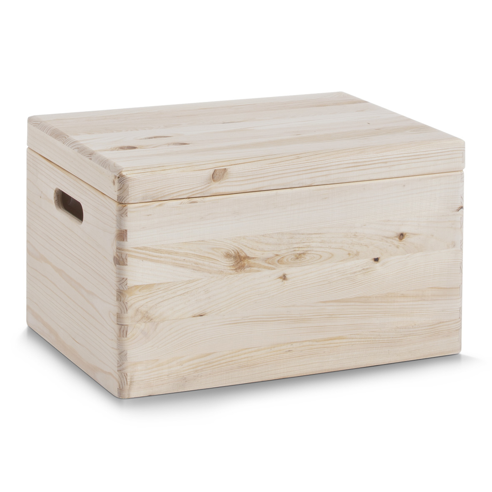 Naturbelassene Holzkiste mit seitlichen Grifföffnungen Holzkiste naturbelassenes Nadelholz seitliche Grifföffnungen leicht erhöht Vorder- und Oberseite sichtbar