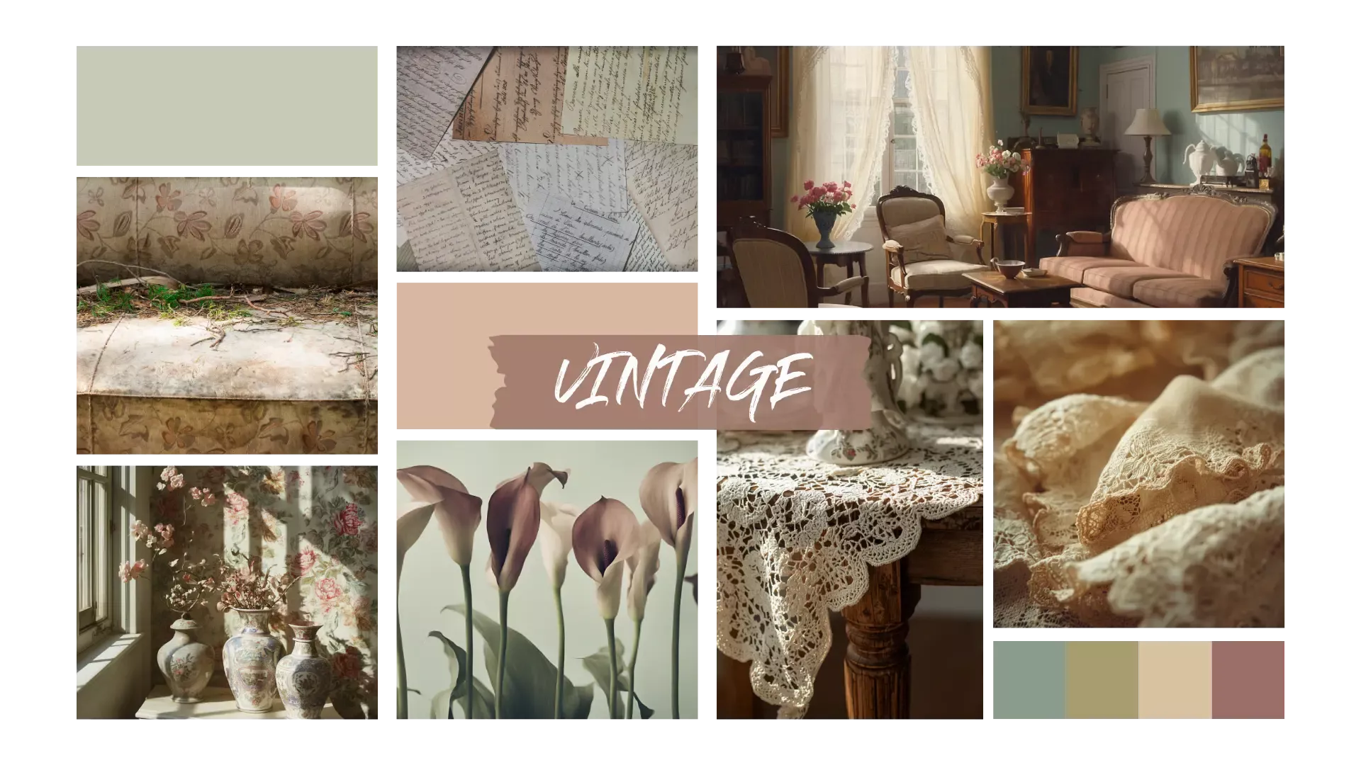 Collage im Vintage-Stil mit antiken Möbeln, floralen Mustern, alten Schriftstücken, Spitzendecken und warmen, gedeckten Farben in Beige, Grün und Rosé