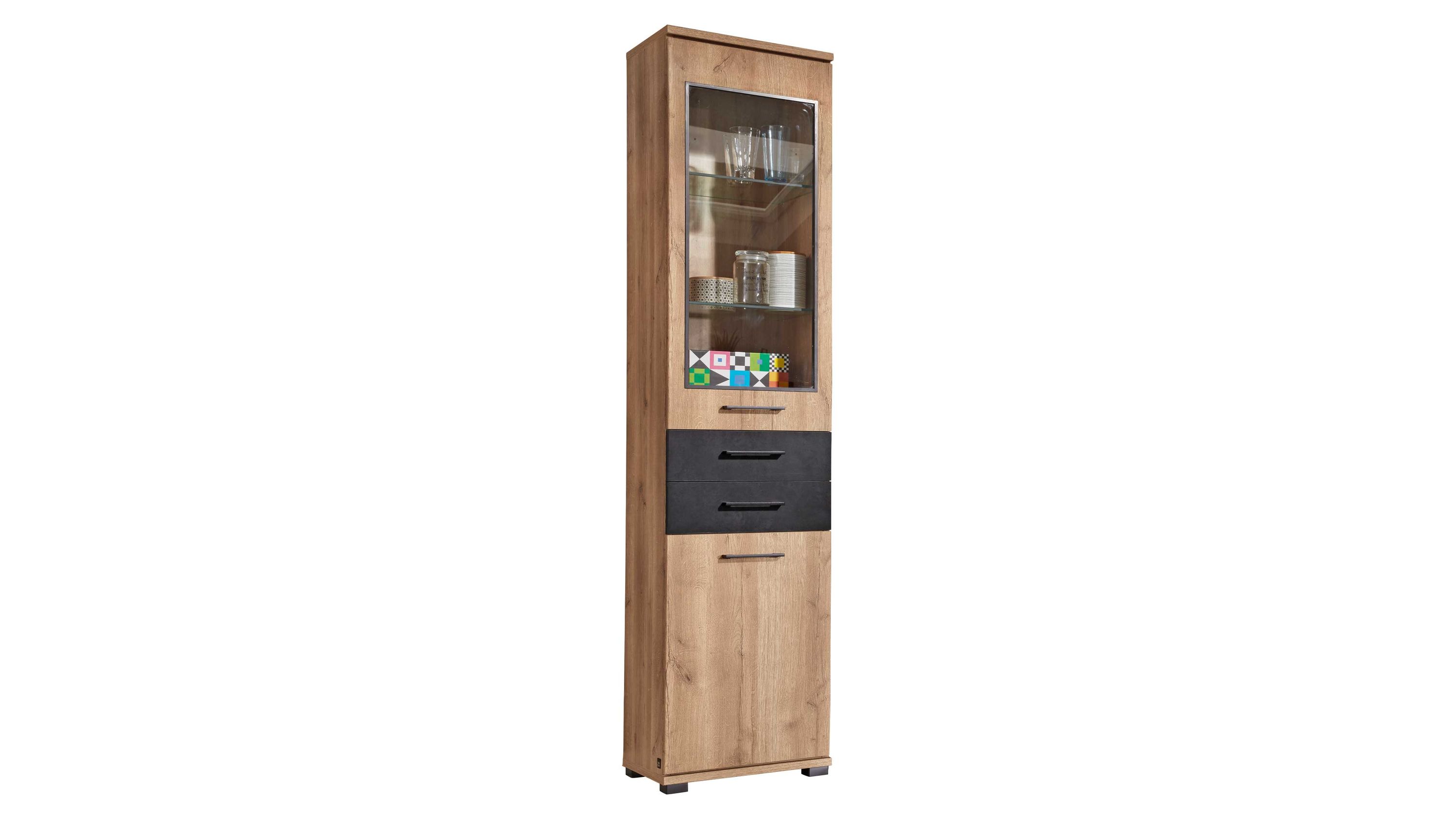 Interliving Jugendzimmer Serie 1701 - Vitrine 5427 Riss-Eiche & Schiefer anthrazit - eine Tür, zwei Schubladen