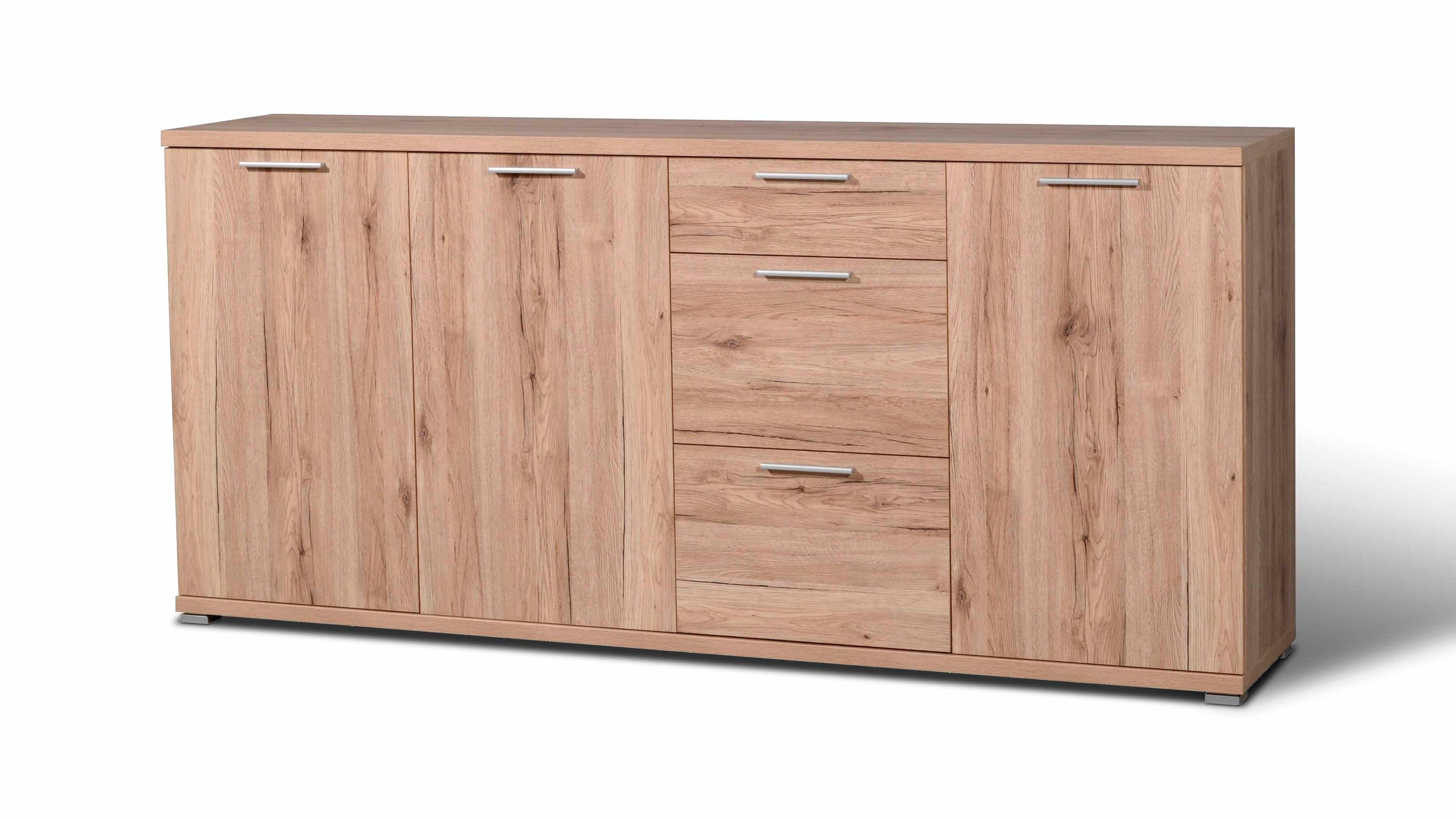 Sideboard mit drei Türen und drei Schubladen in hellbrauner Holzoptik
