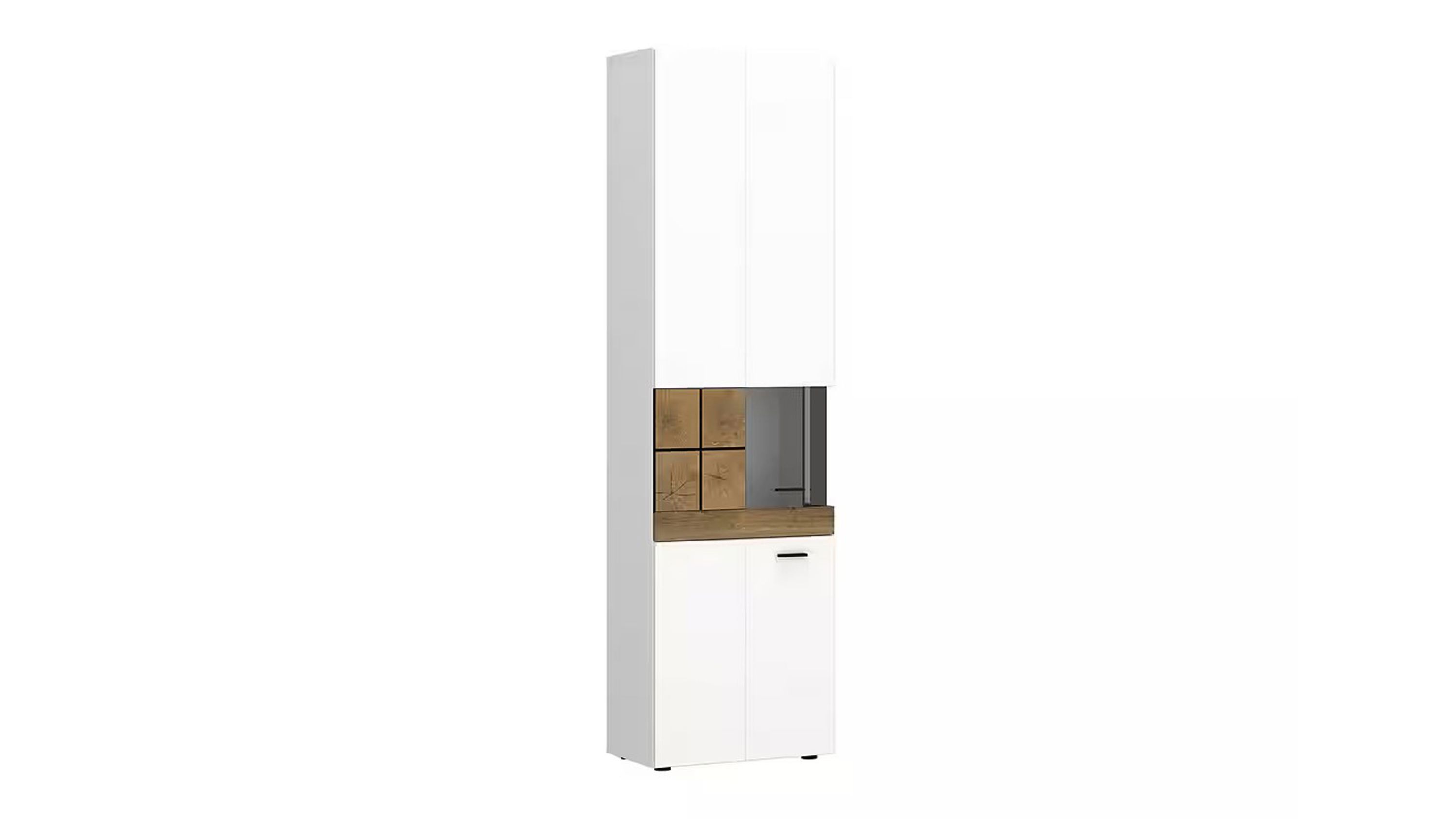 Hohe Vitrine mit weißen Türen und mittlerem Fach in Holzoptik mit Dekorationsgegenständen