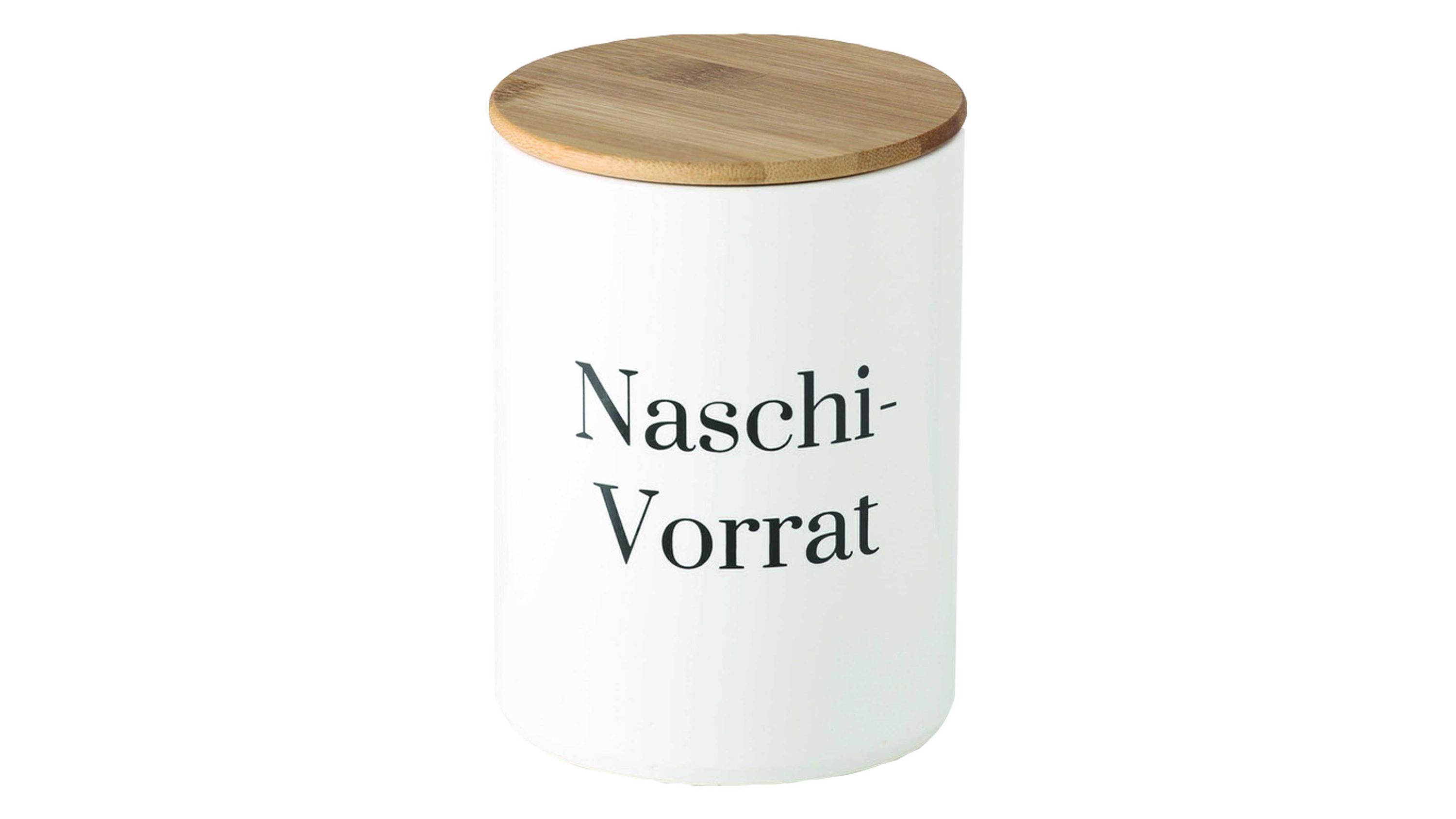 Weiße runde Dose mit schwarzer Schrift Naschi-Vorrat und rundem hellbraunem Deckel