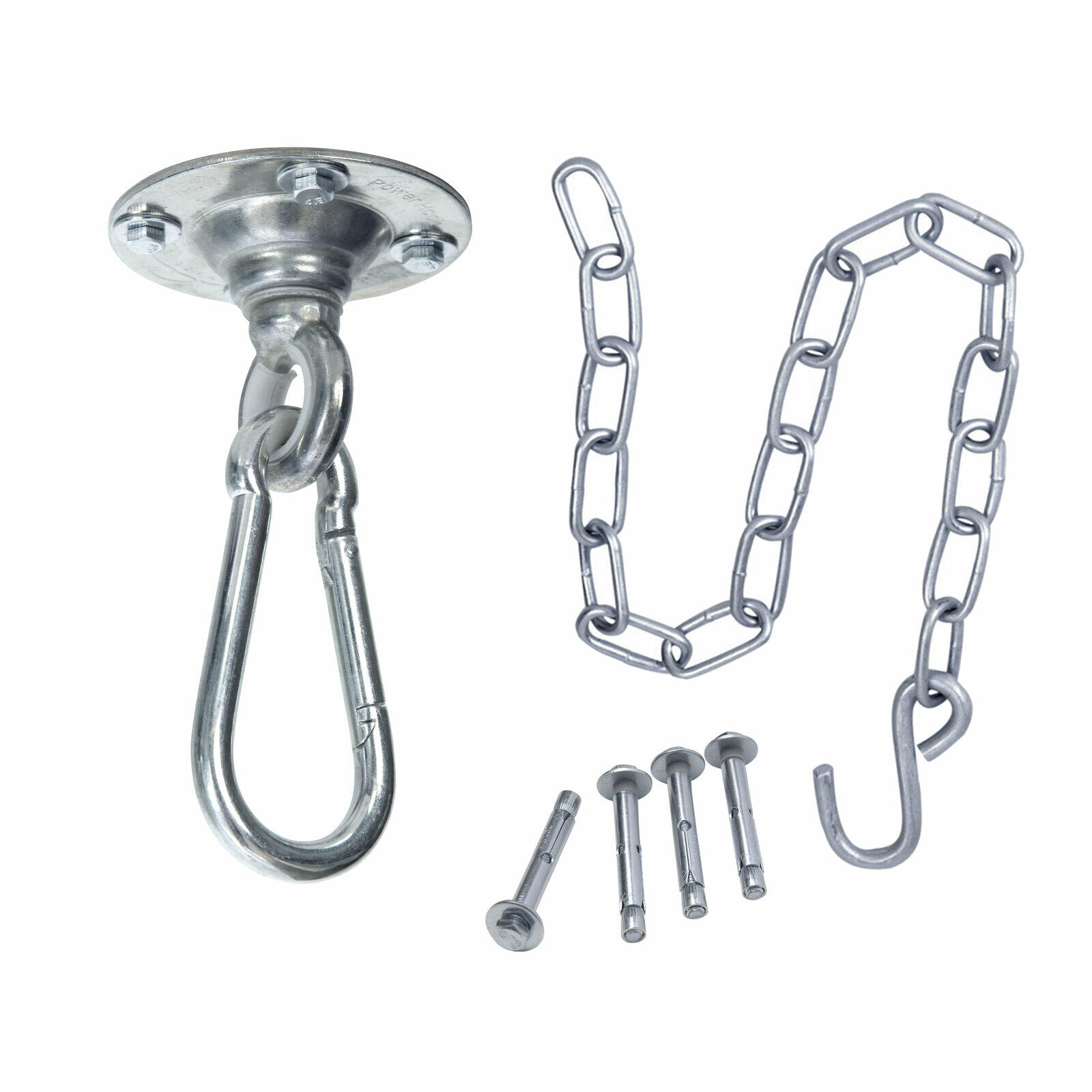 Deckenhaken-Set mit Platte Kette Karabiner S-Haken und Schrauben zur Hängesesselmontage einzeln vor weißem Hintergrund