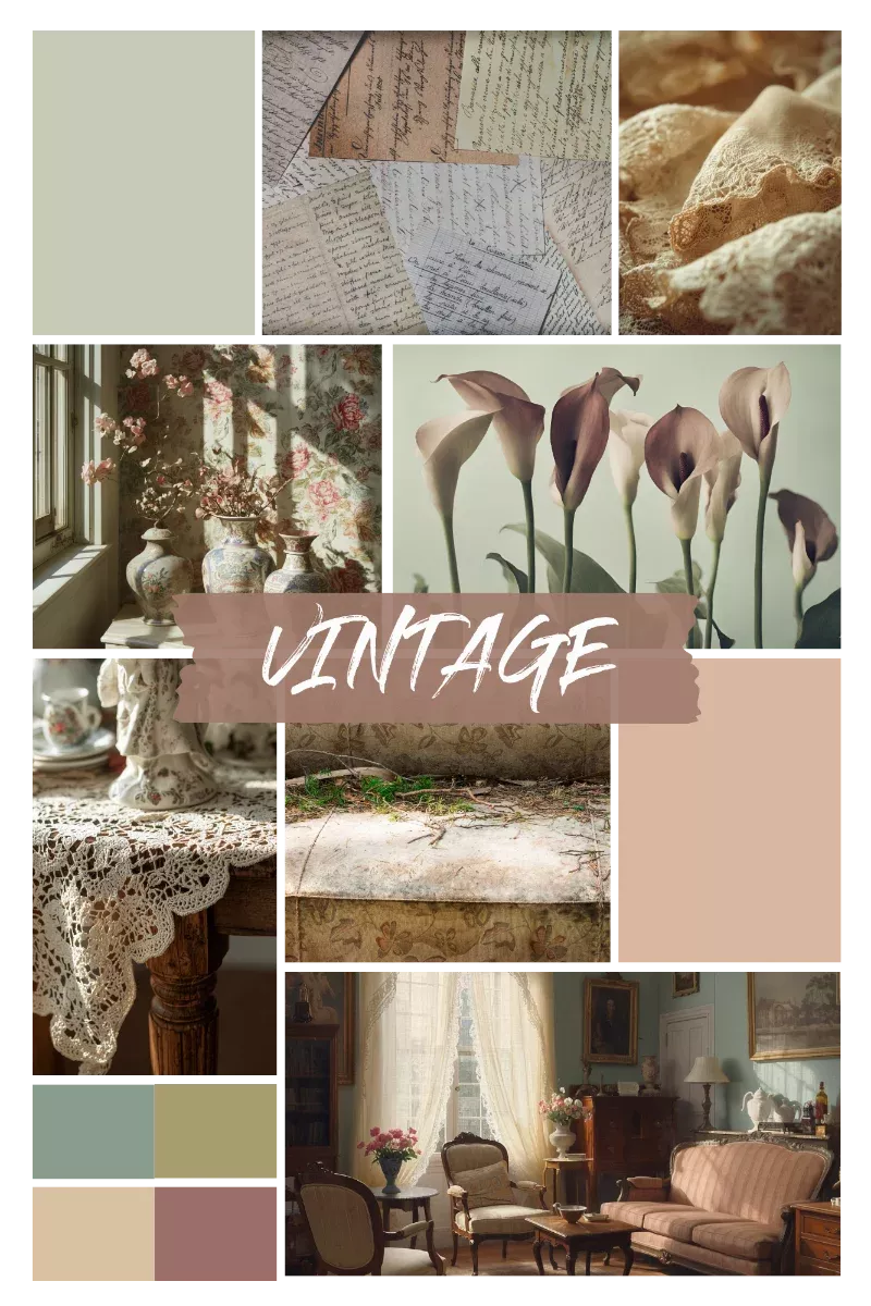Collage im Vintage-Stil mit antiken Möbeln, floralen Mustern, alten Schriftstücken, Spitzendecken und warmen, gedeckten Farben in Beige, Grün und Rosé