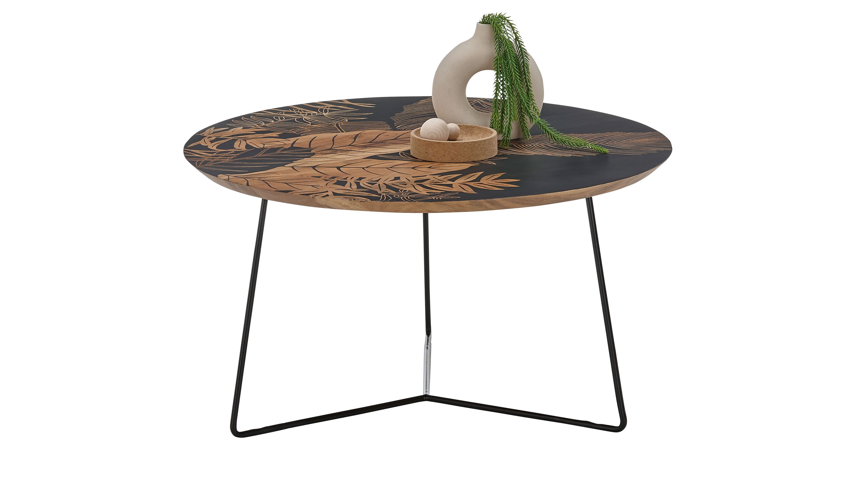 Runder Couchtisch mit schwarzer Tischplatte und braunem Blattmuster schwarzes Metallgestell