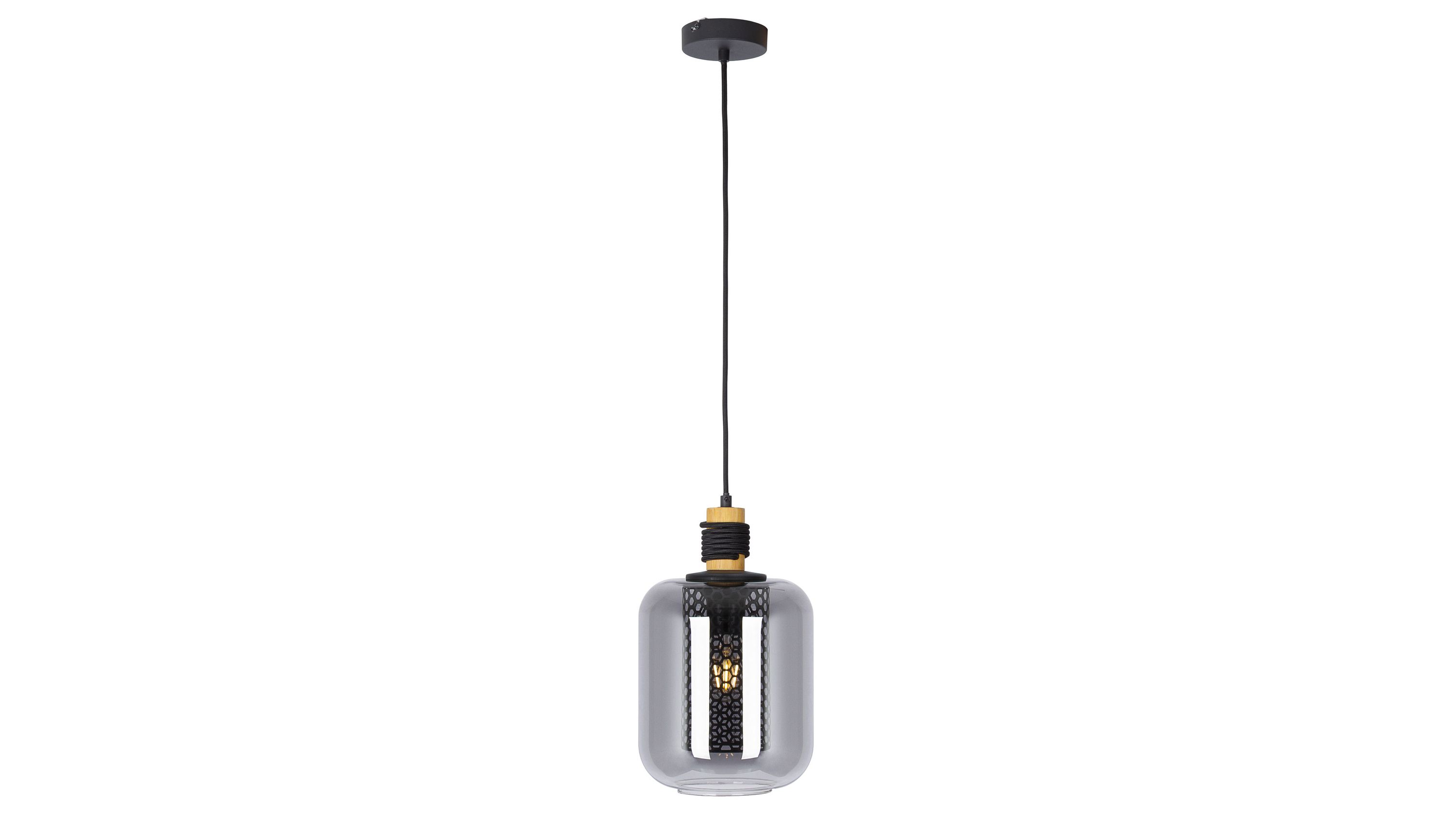 Hängelampe mit rauchfarbenem Glas und schwarzem Metallgitter Hängelampe mit rauchfarbenem Glaszylinder und schwarzem Metallgitter an schwarzem Kabel