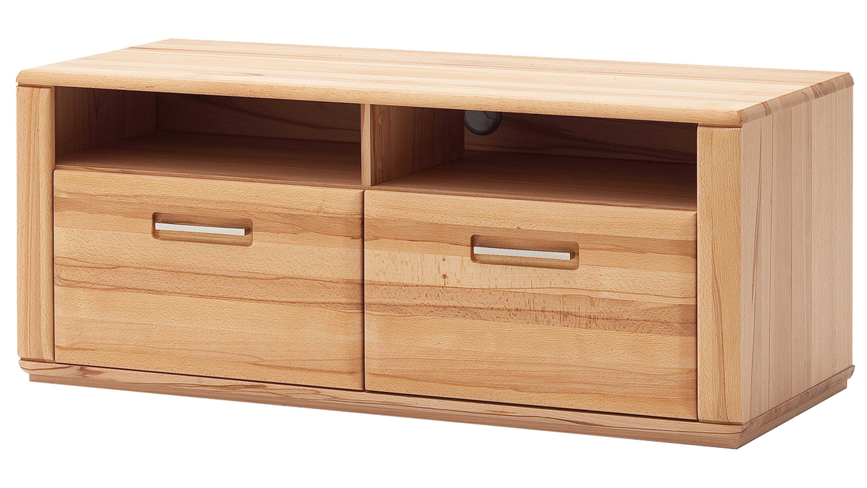 TV-Element mit Schubladen und offenen Fächern aus Holz TV-Element aus geöltem Holz mit zwei Schubladen und zwei offenen Fächern