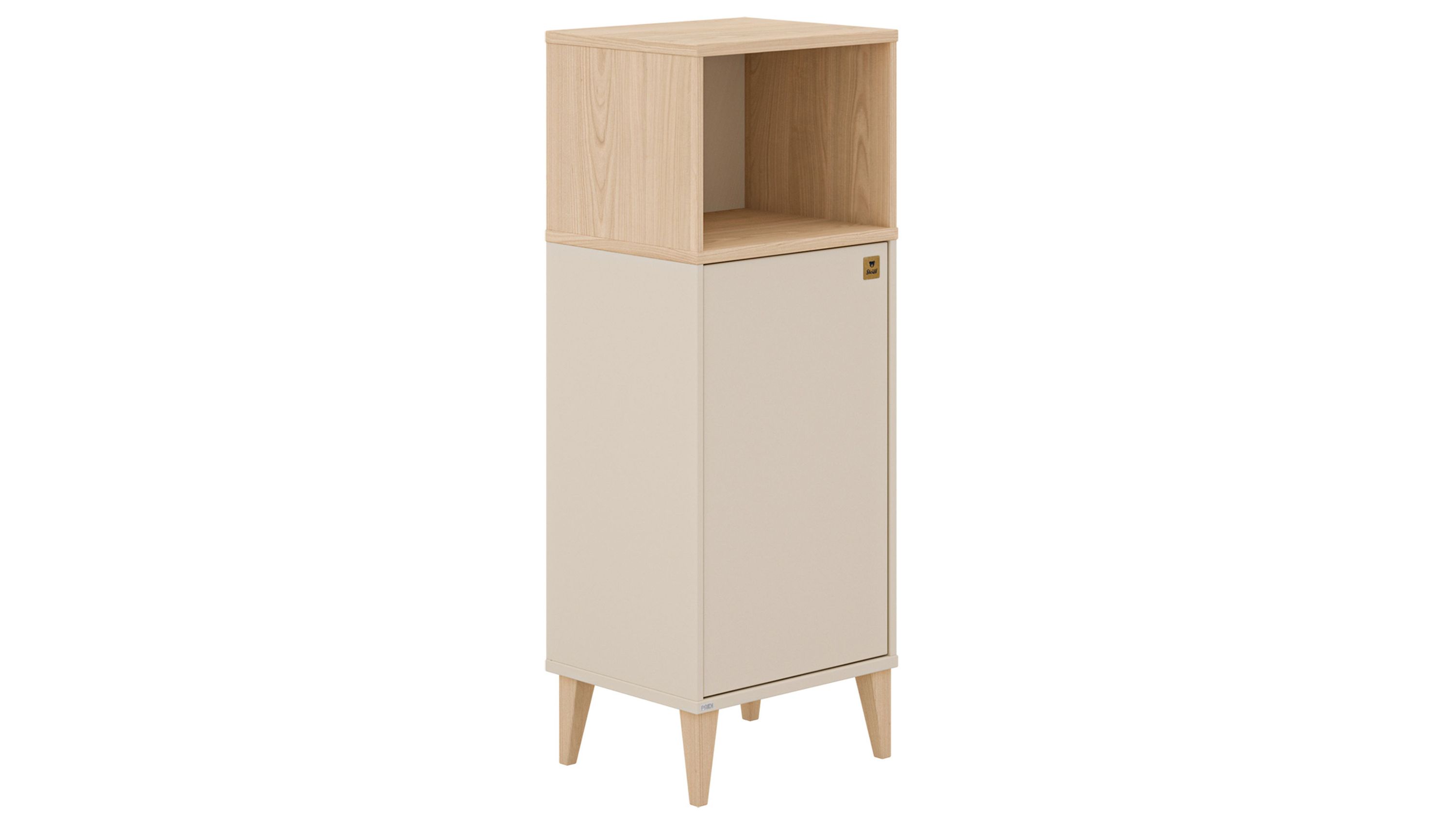 Hohes Sideboard mit offener Ablage oben und einer Tür unten in beige und Holzfarben