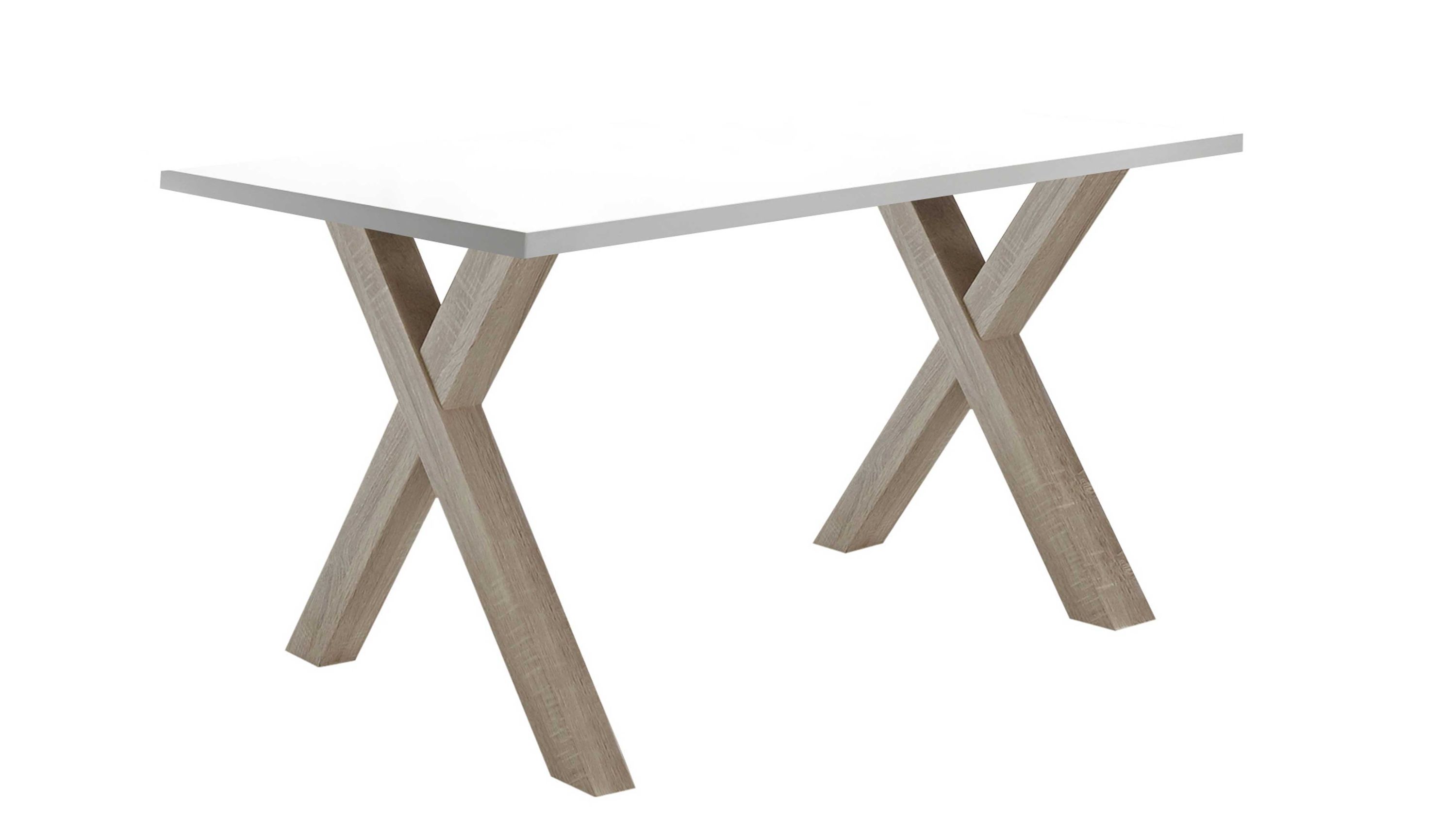 Eckiger Schreibtisch mit weißer Tischplatte und zwei gekreuzten Holzbeinen in heller Farbe