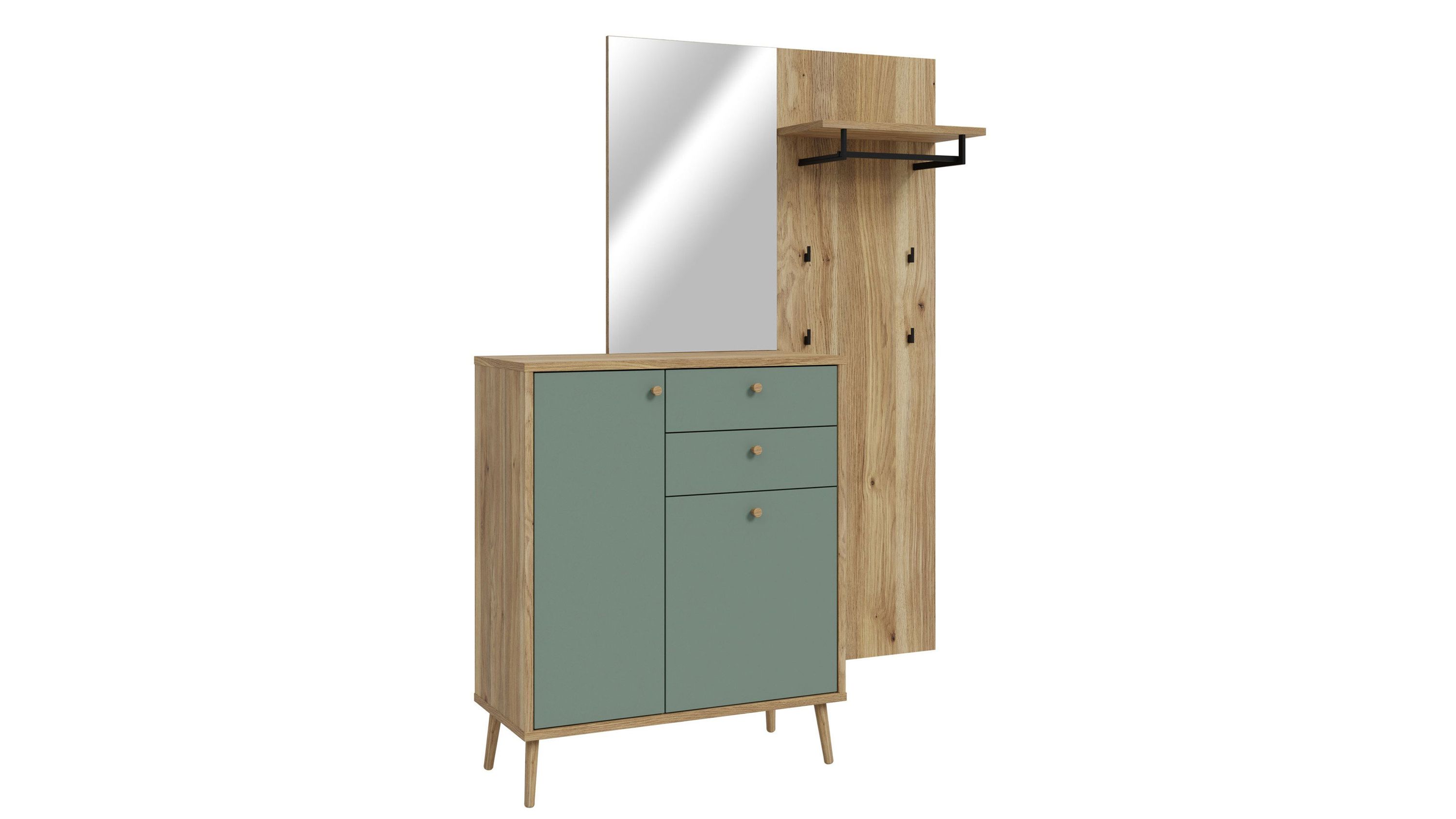 Garderoben-Set mit grünem Schrank und Holzpaneel mit Spiegel Garderoben-Set mit grün lackiertem Schrank und Holzpaneel mit Spiegel und Haken