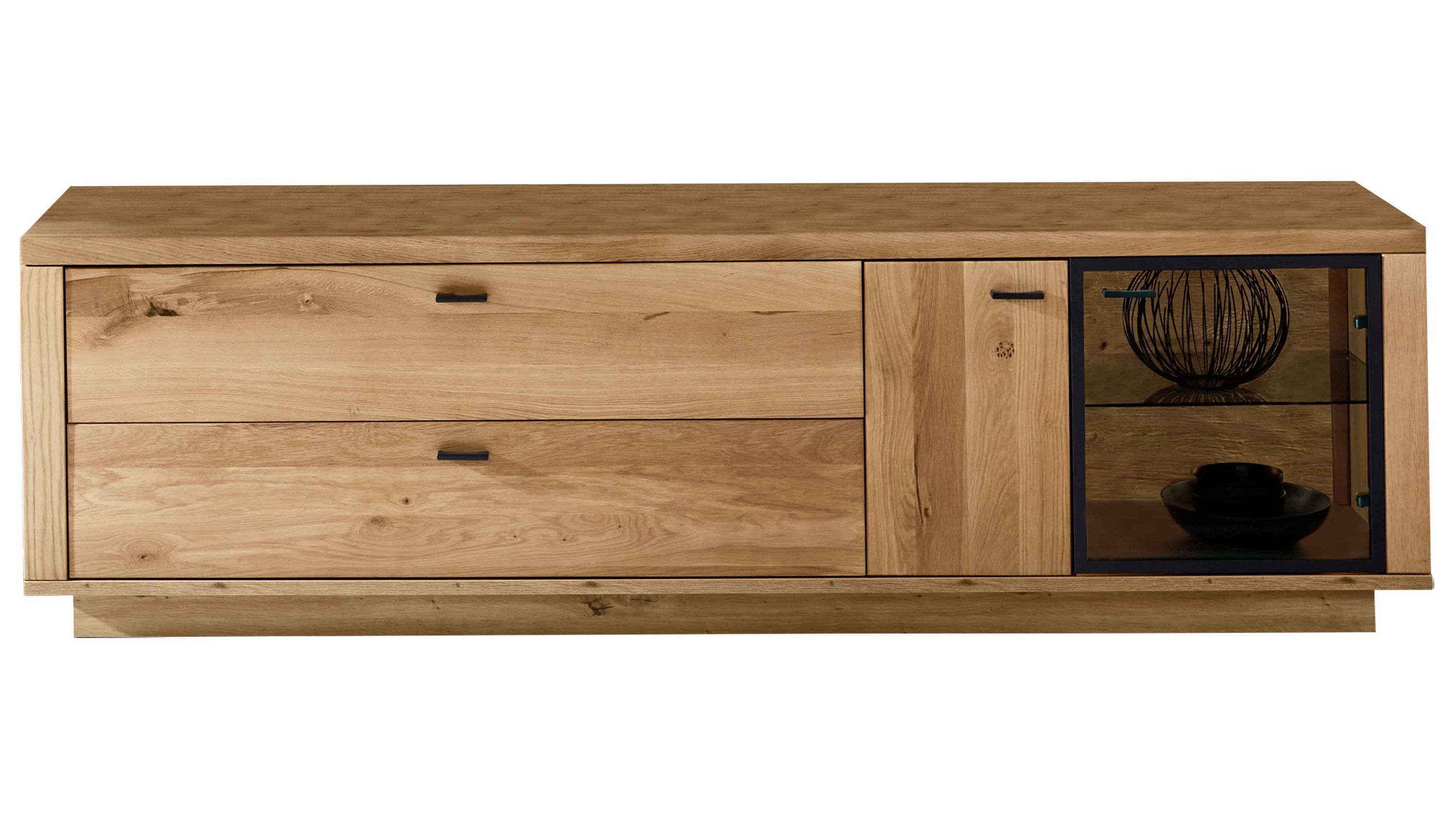 Lowboard mit Schubladen und Glastür in Holzoptik Lowboard aus Holz mit zwei Schubladen zwei Türen und einer Glastür mit schwarzem Rahmen