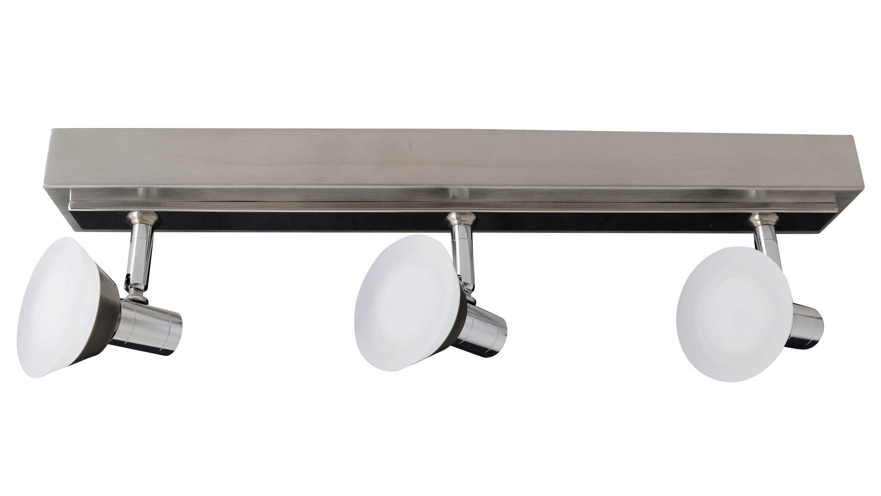LED-Deckenspot mit drei runden Spots in Chrom und Glas Deckenleuchte mit drei verstellbaren runden Spots aus Chrom und weißem Glas