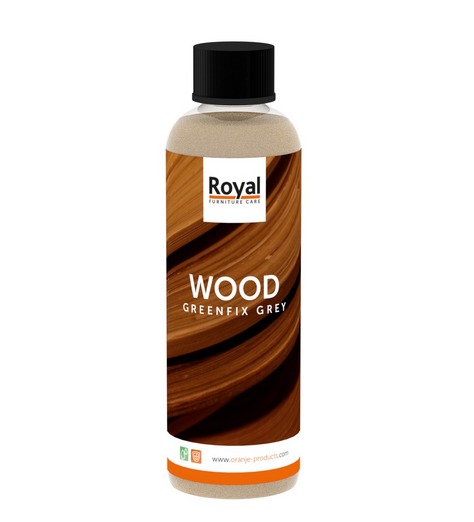 Flasche Royal Wood Dressing Grey mit schwarzem Deckel vor Holzstruktur-Hintergrund frontal fotografiert