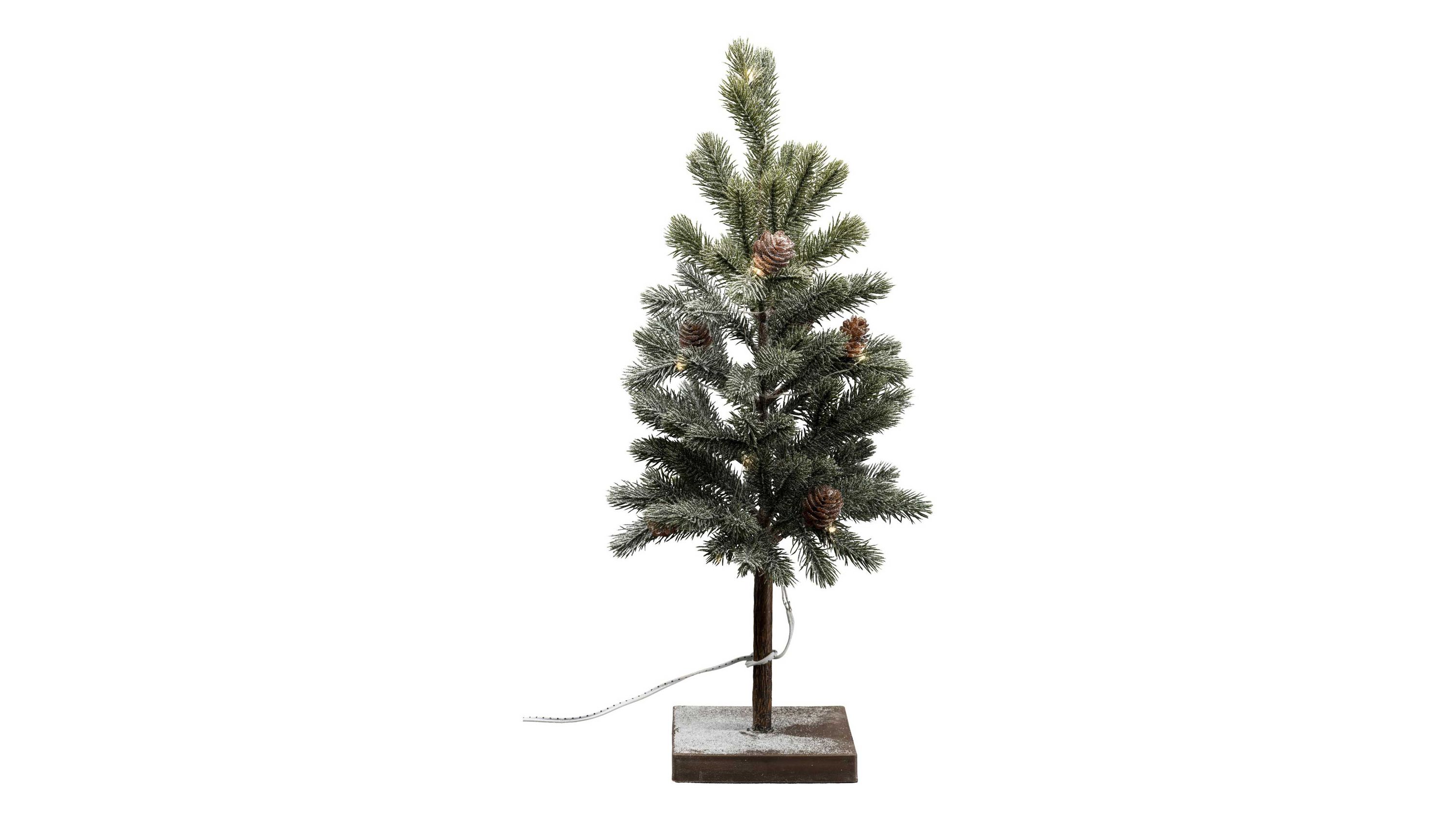 Kleiner grüner künstlicher Tannenbaum mit Zapfen auf quadratischem Sockel mit LED-Beleuchtung