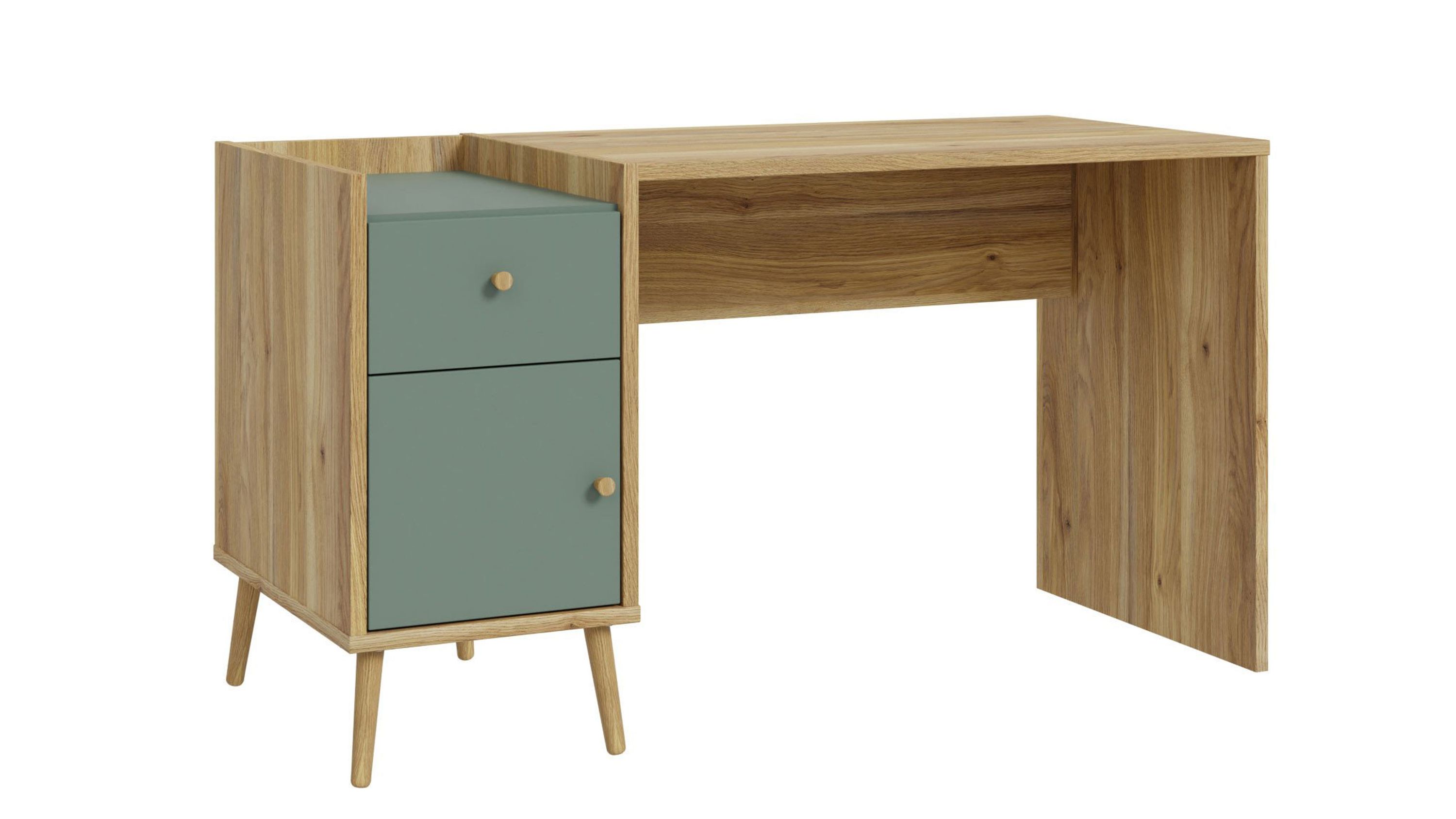 Schreibtisch mit Schublade und Tür in Holz und grün Schreibtisch mit rechteckiger Arbeitsfläche in Holzoptik und zwei grünen Fronten an Schublade und Tür