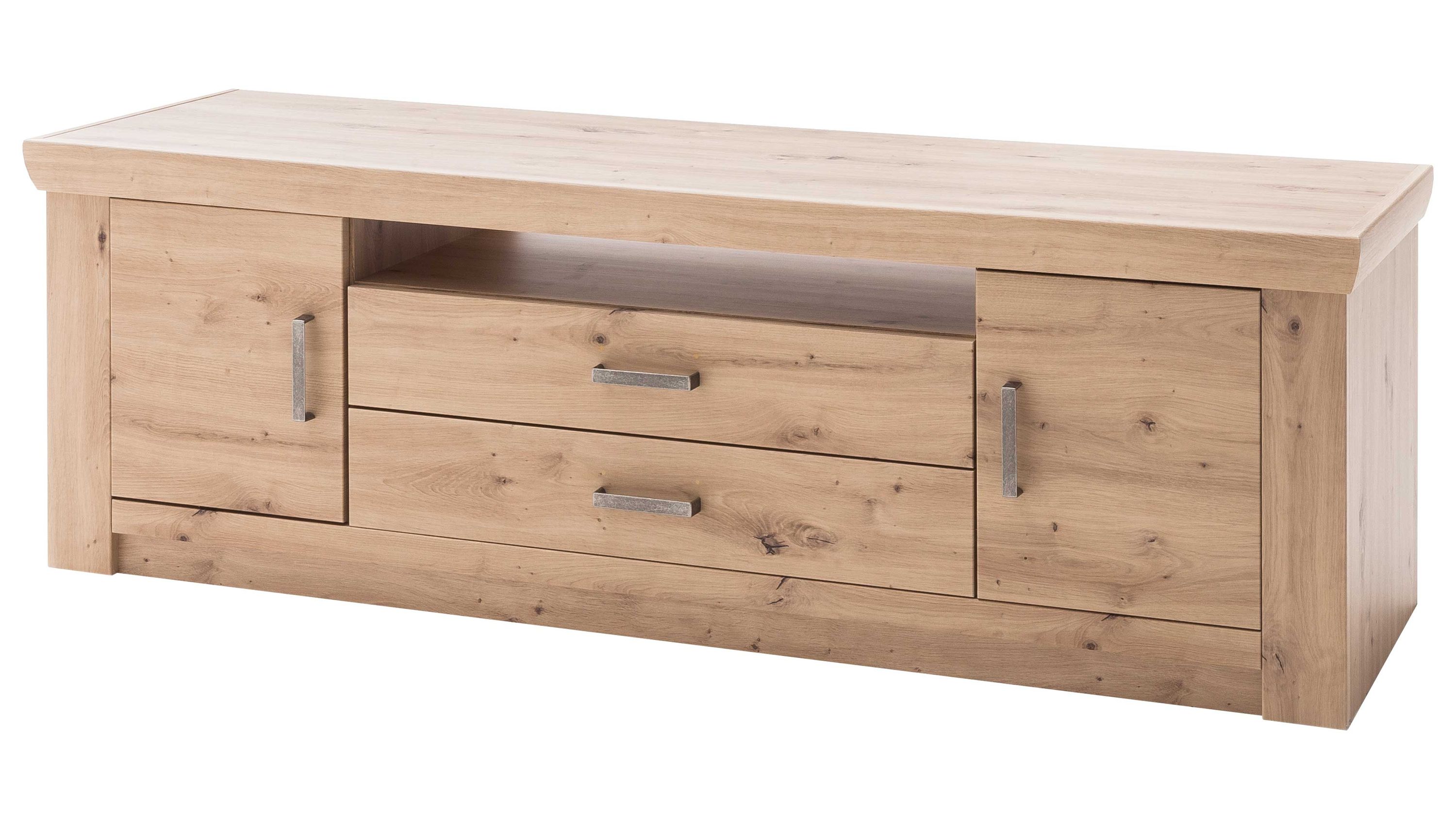 TV-Lowboard aus hellem Holz mit zwei Schubladen zwei Türen und Metallgriffen