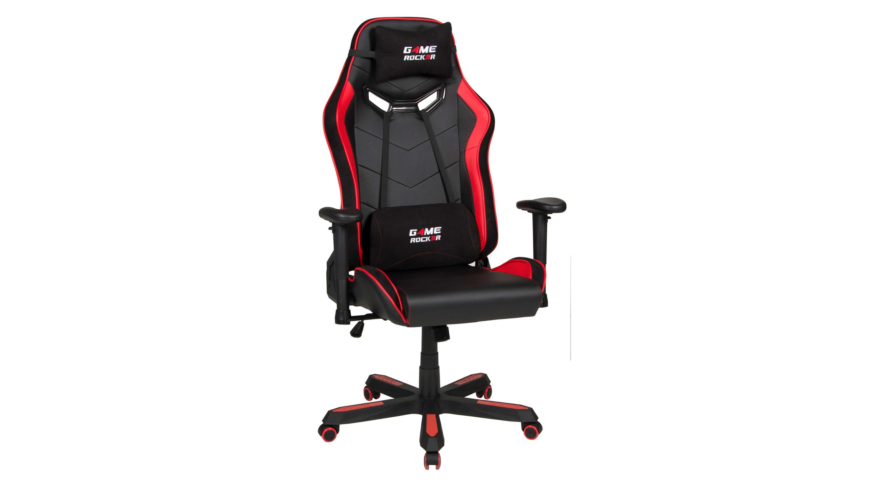 Schwarzer und roter Gaming-Drehstuhl mit hoher Rückenlehne und Armlehnen