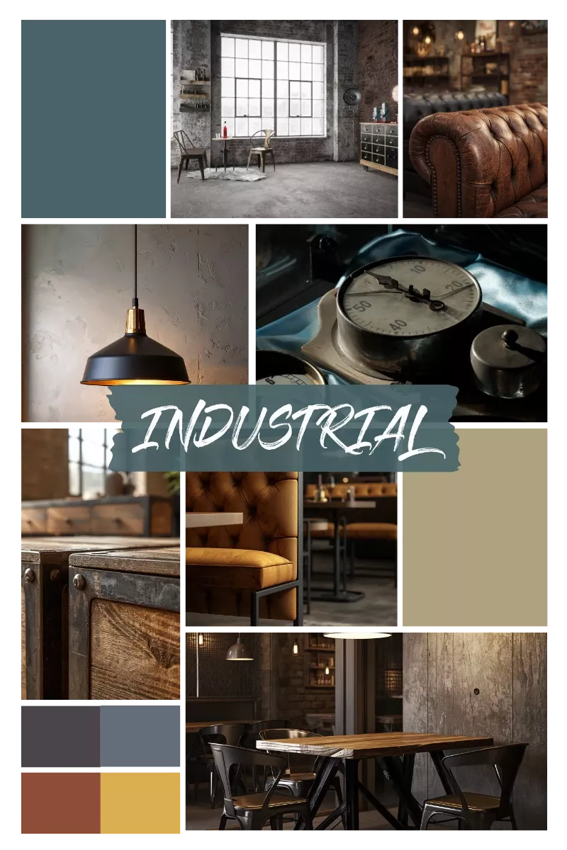 Collage im Industrial-Stil mit Backsteinwänden, Metallmöbeln, Ledersofa, Fabriklampen, Holztischen und dunkler Farbpalette in Grau, Braun und Schwarz