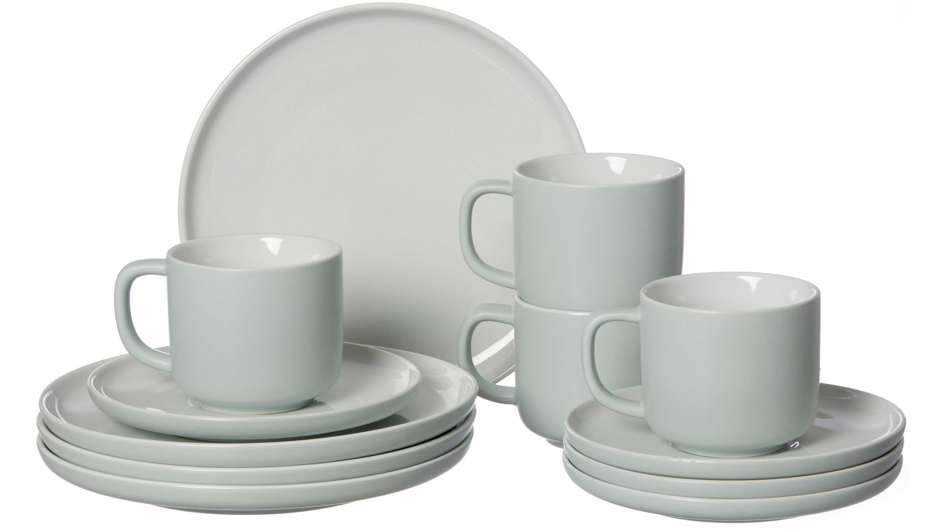 Kaffeegeschirr mit Tellern und Tassen in Mint und Weiß Kaffeegeschirr mit runden Tellern und Tassen in mintfarben und weiß