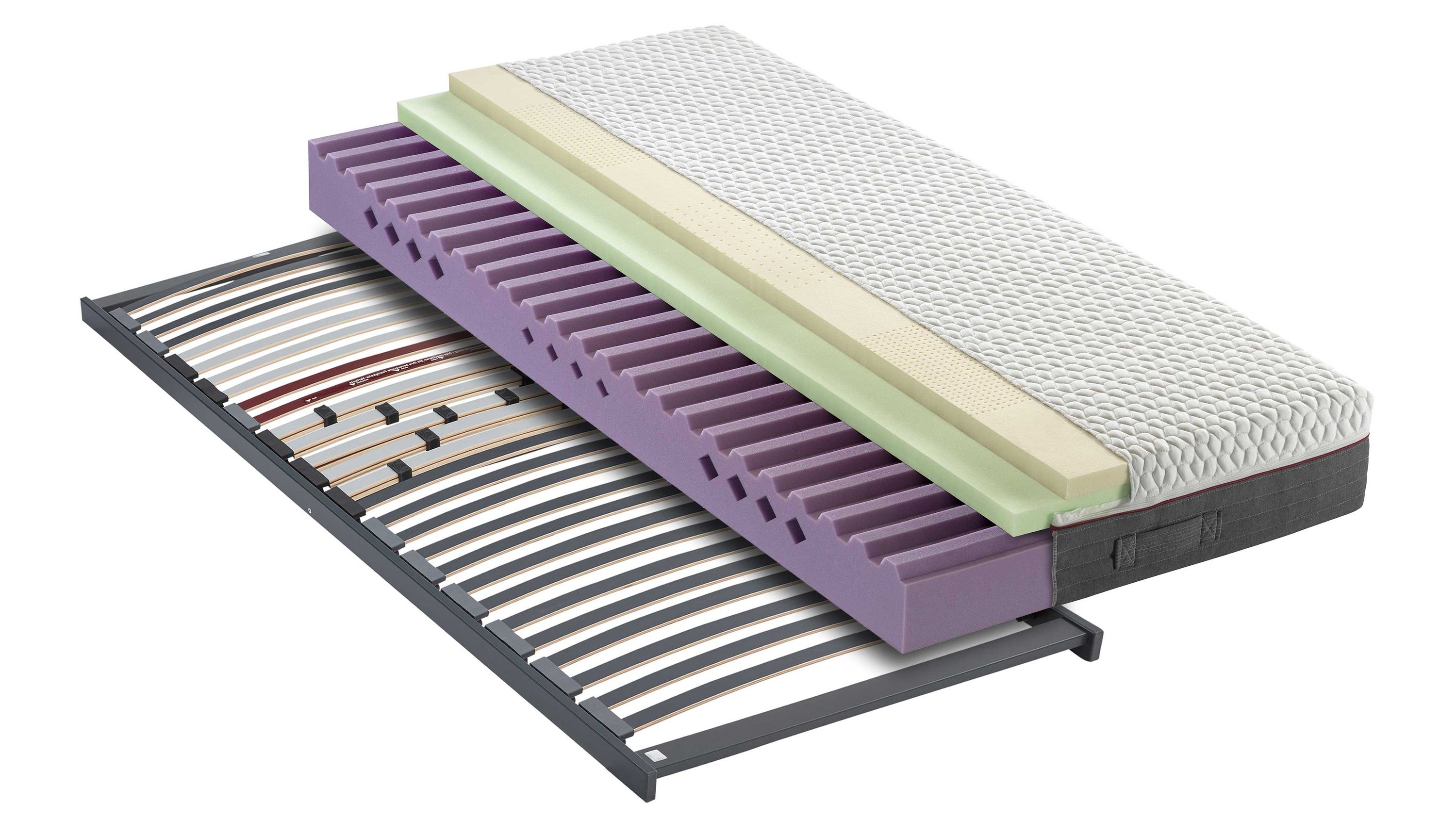 Matratze mit Schaumschichten und Lattenrost Aufgeschnittene Matratze mit mehreren Schaumschichten und Lattenrost in Grau und Weiß