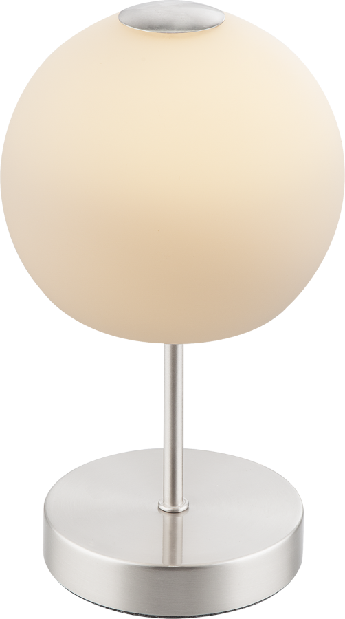 Tischleuchte mit kugelförmigem  weißem Schirm und silbernen Standfuß  modernes Design