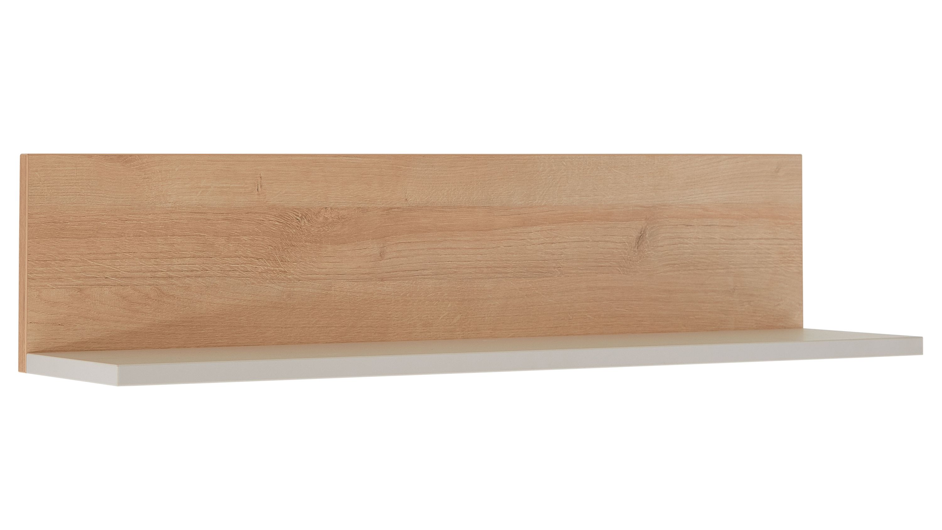 Wandboard mit weißem Regalboden und eichefarbenem Rückwandpaneel