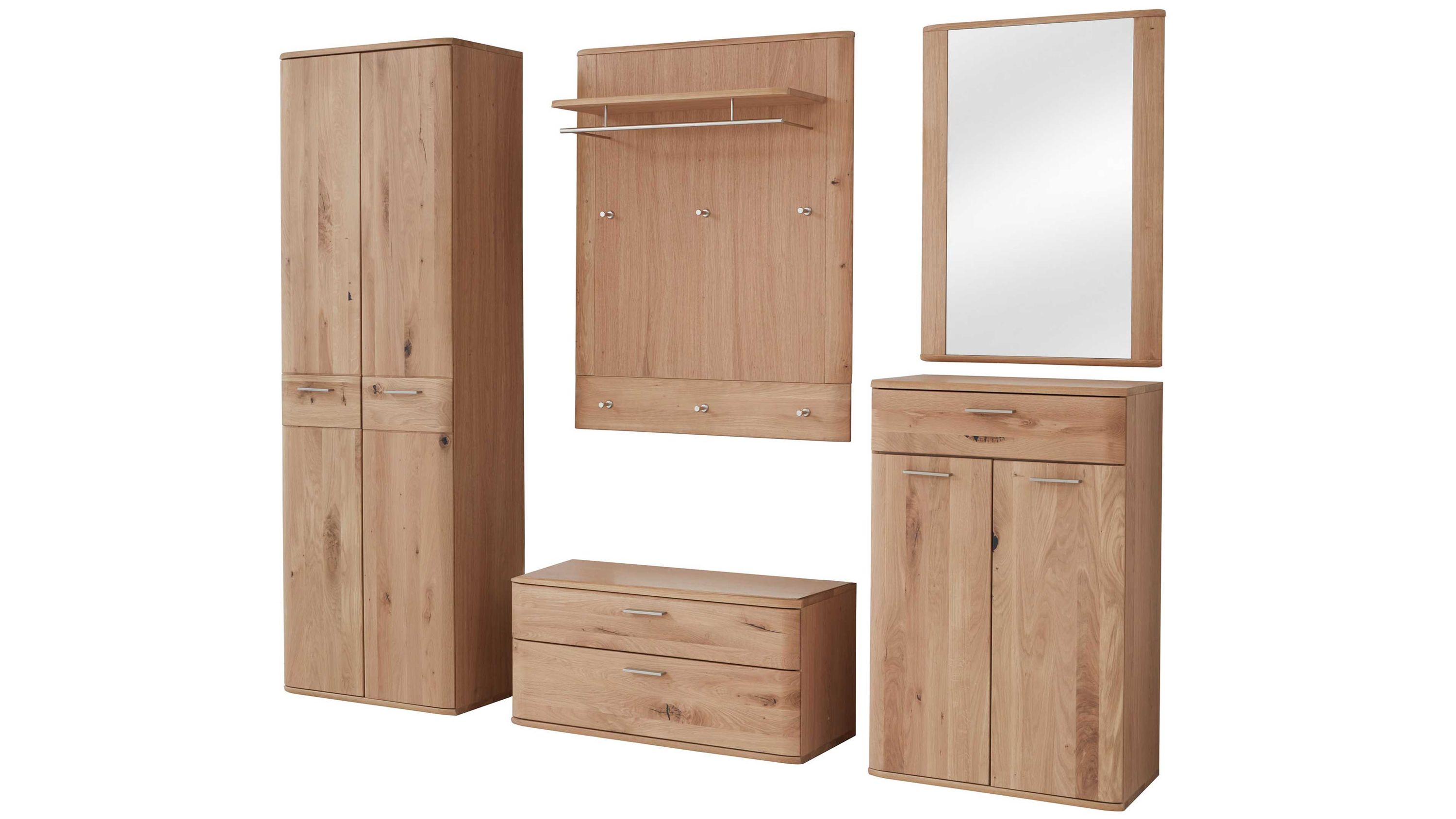 Fünfteiliges Garderoben-Set aus hellem Holz mit Schrank Wandpaneel mit Haken Spiegel Schuhbank und Kommode