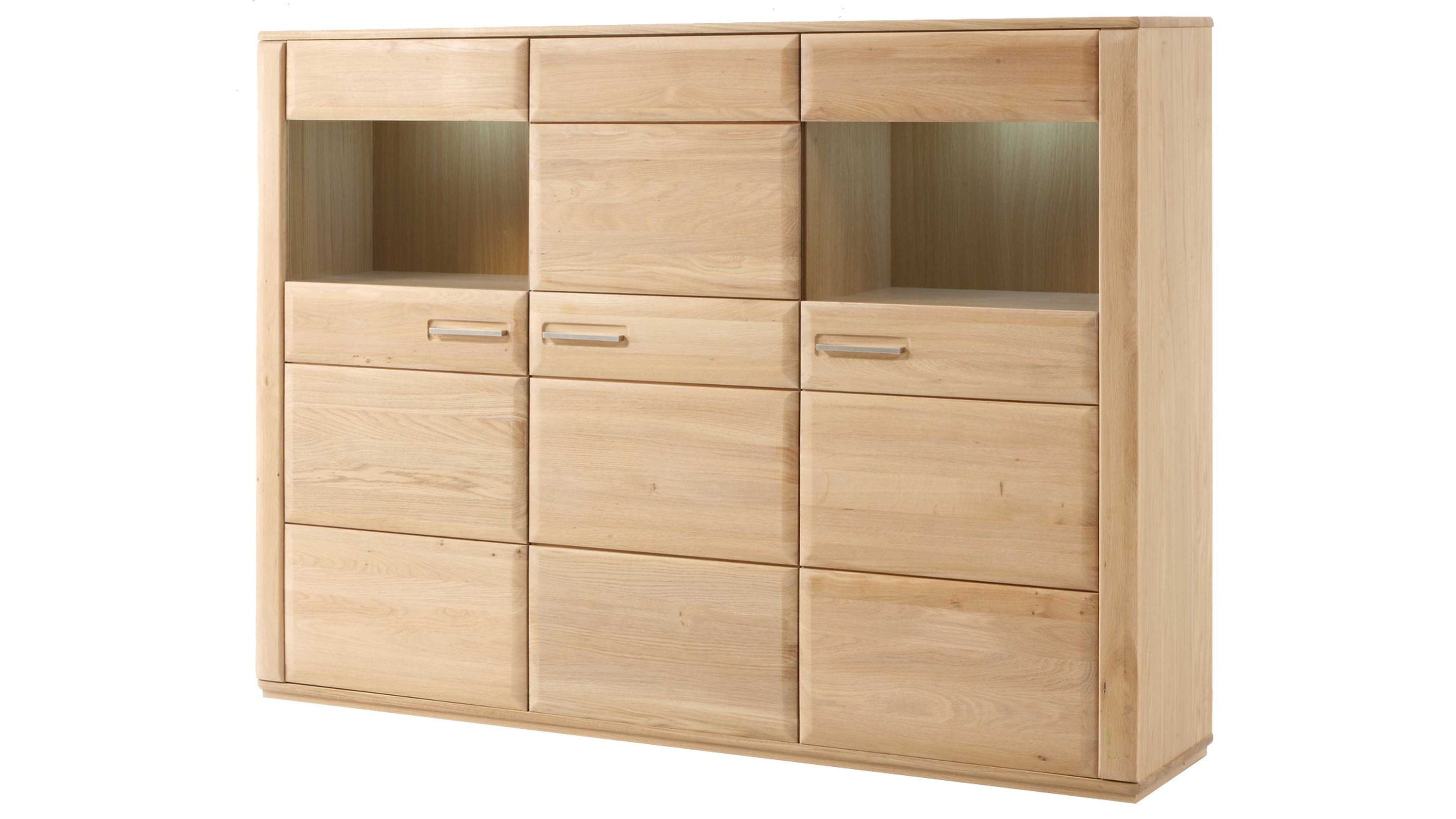 Hochkommode mit drei Türen und zwei offenen Fächern in heller Holzoptik