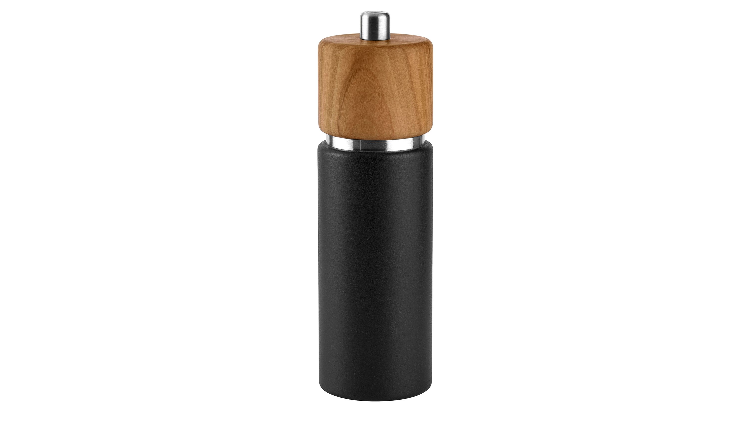Salzmühle mit rundem hellbraunem Holzgriff und schwarzem zylindrischem Körper