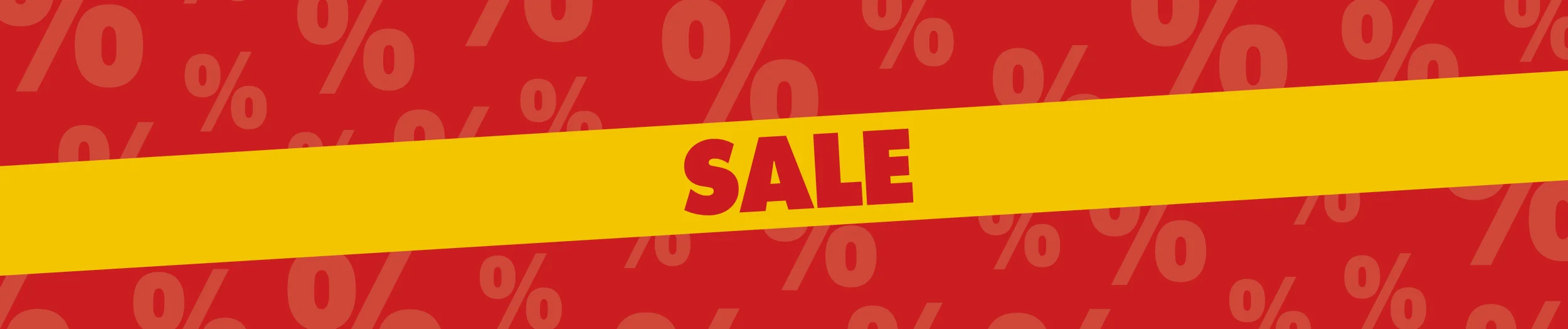 Sale-Banner Gelbes Banner mit rotem „SALE“-Schriftzug auf rotem Hintergrund mit Prozentzeichen – Hinweis auf Rabattaktion.