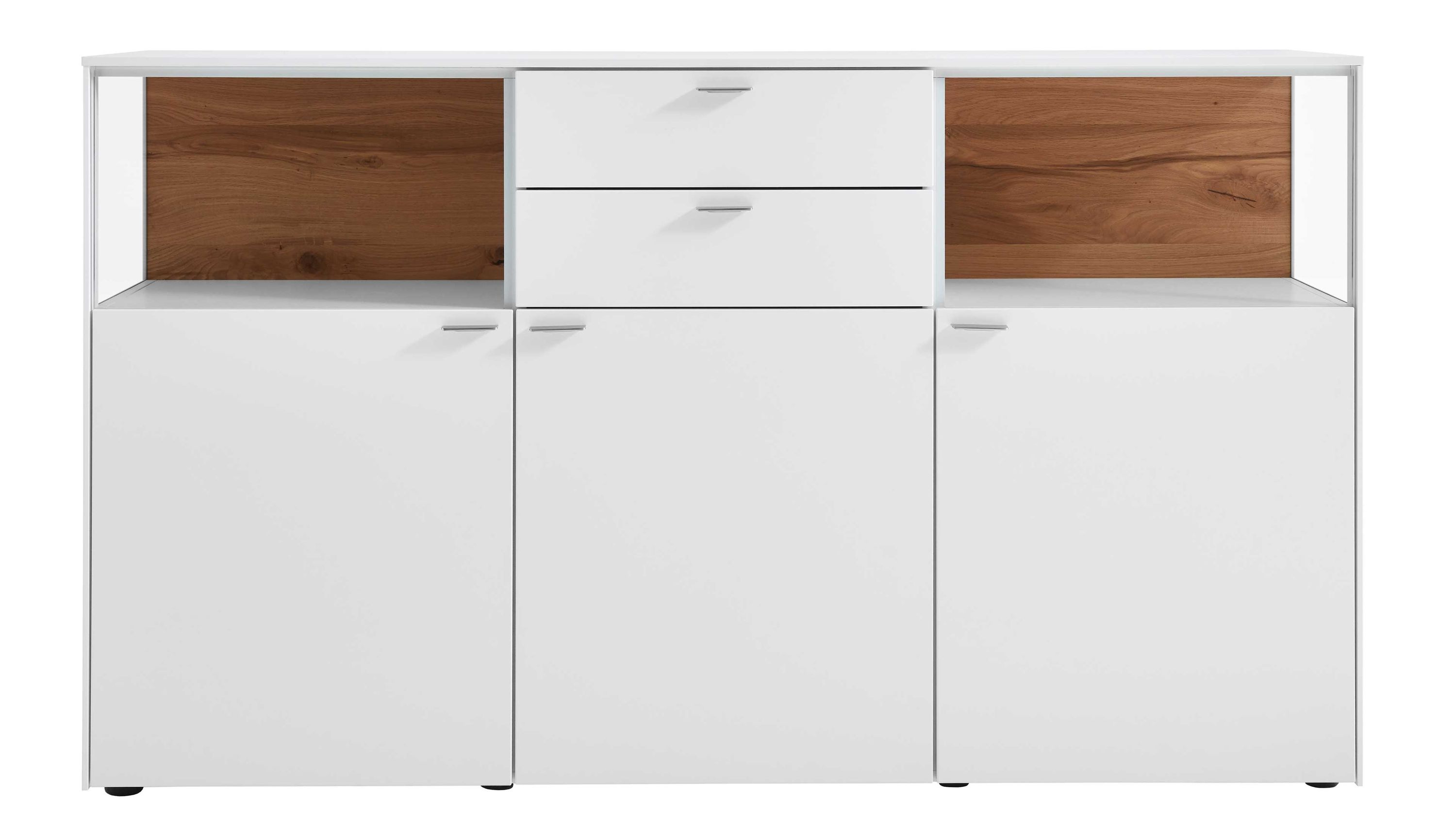 Sideboard mit drei Türen zwei Schubladen und zwei offenen Fächern mit Holzrückwand in weiß und braun