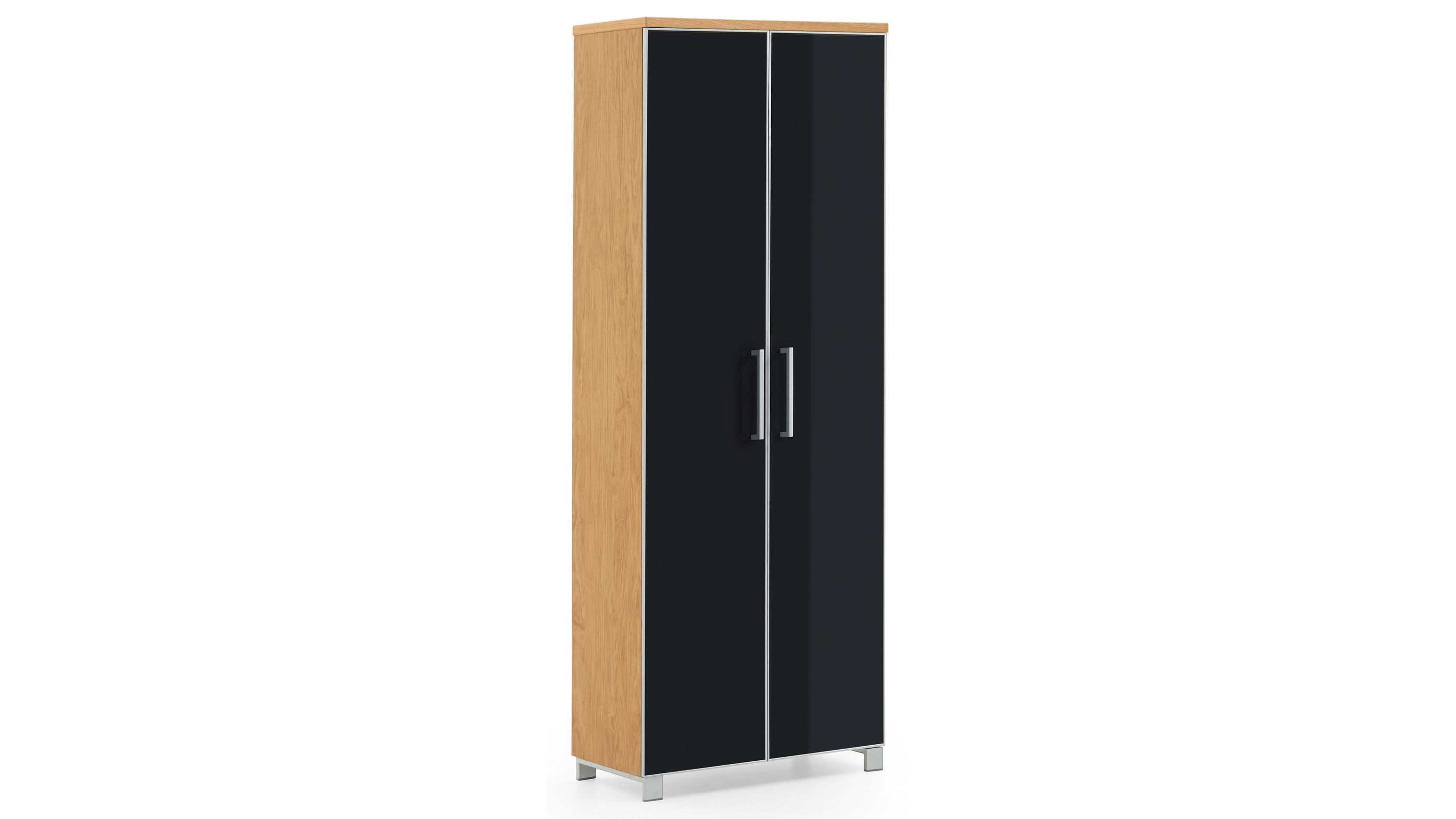 Garderobenschrank mit zwei anthrazitfarbenen Glastüren und seitlichen Holzflächen in Eichefarbe