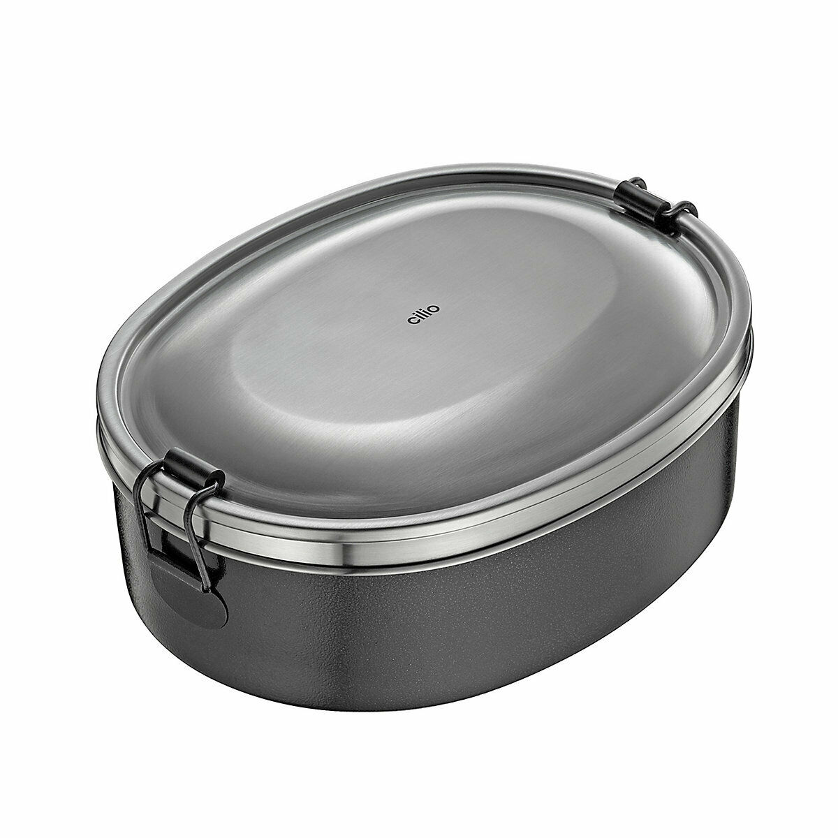 Ovale Lunchbox  schwarz  seitlichen Verschlüsse schräg von oben fotografiert